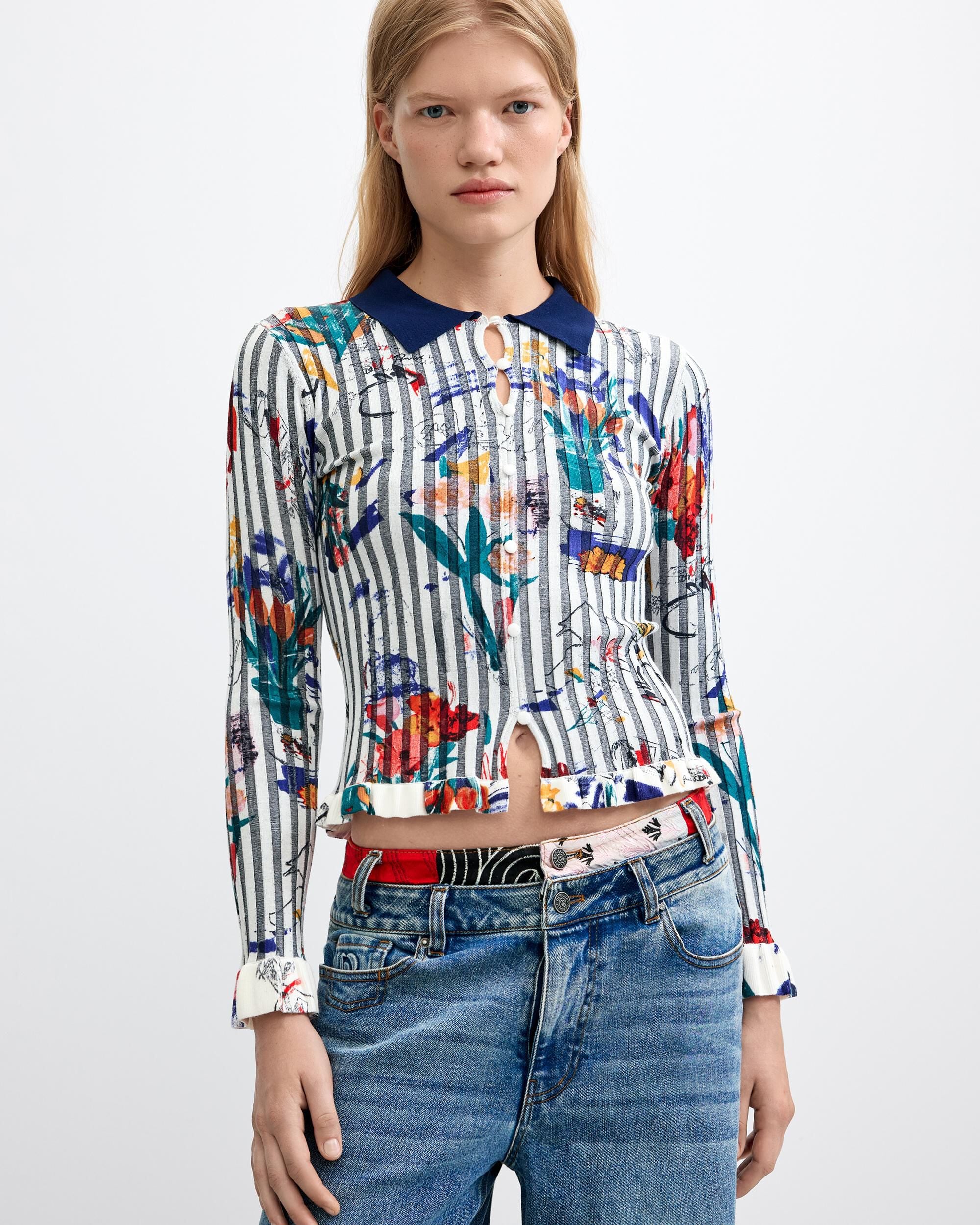 Jersey de mujer floral cuello camisa - Desigual - Blanco Blanco-1