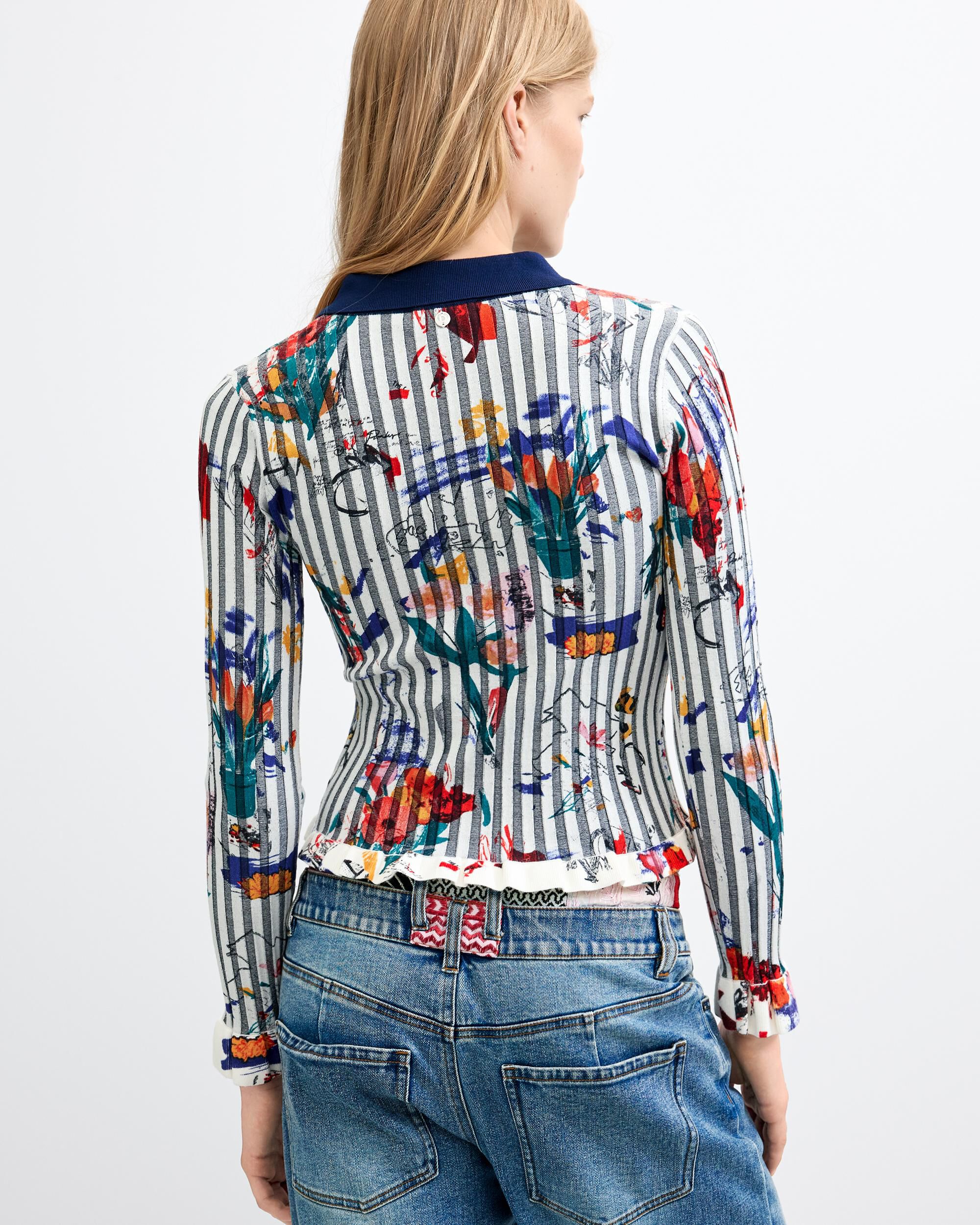 Jersey de mujer floral cuello camisa - Desigual - Blanco Blanco-3