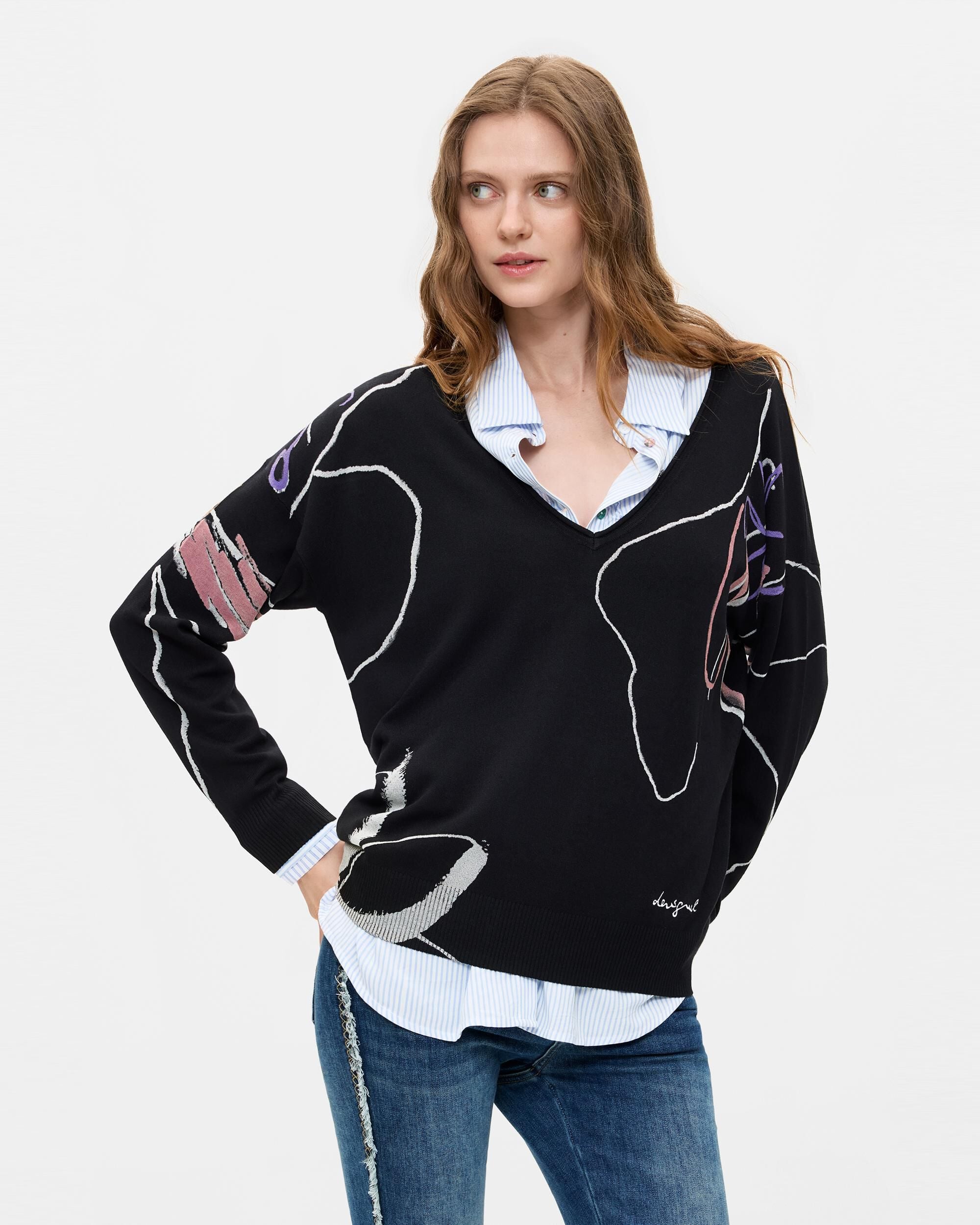 Jersey de mujer estampado punto fino - Desigual - Negro Negro-1