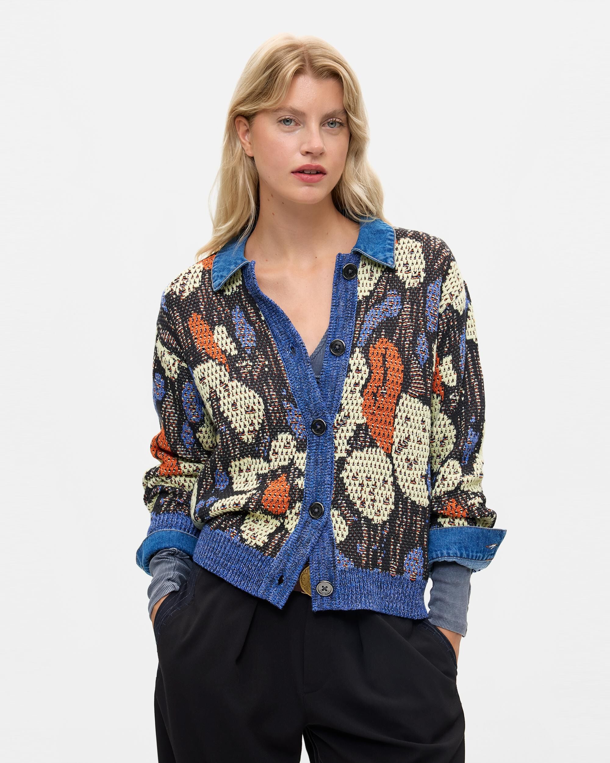 Jersey de mujer jacquard cuello camisero - Desigual - Azul Azul-1