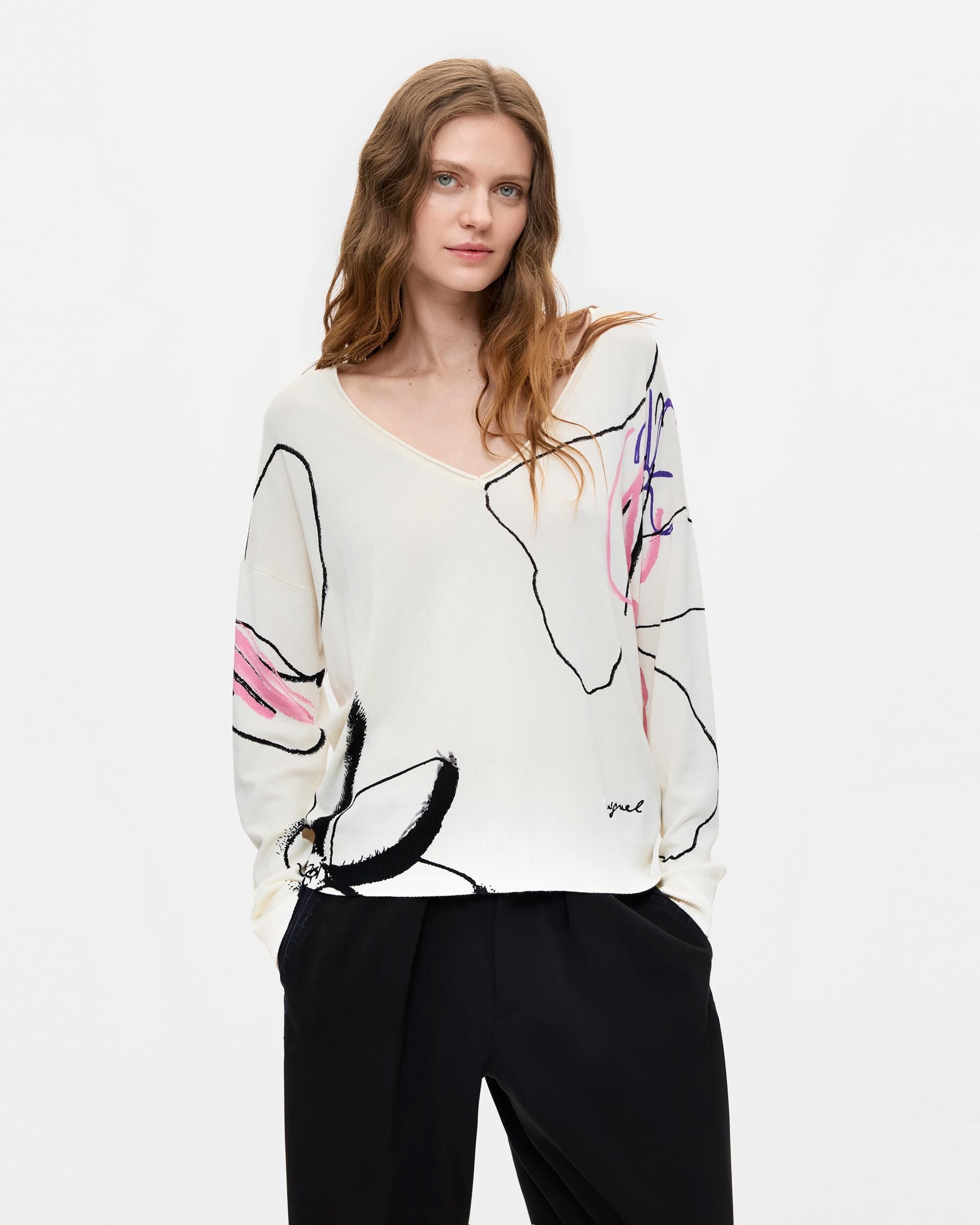 Jersey de mujer estampado punto fino - Desigual - Blanco Blanco-1