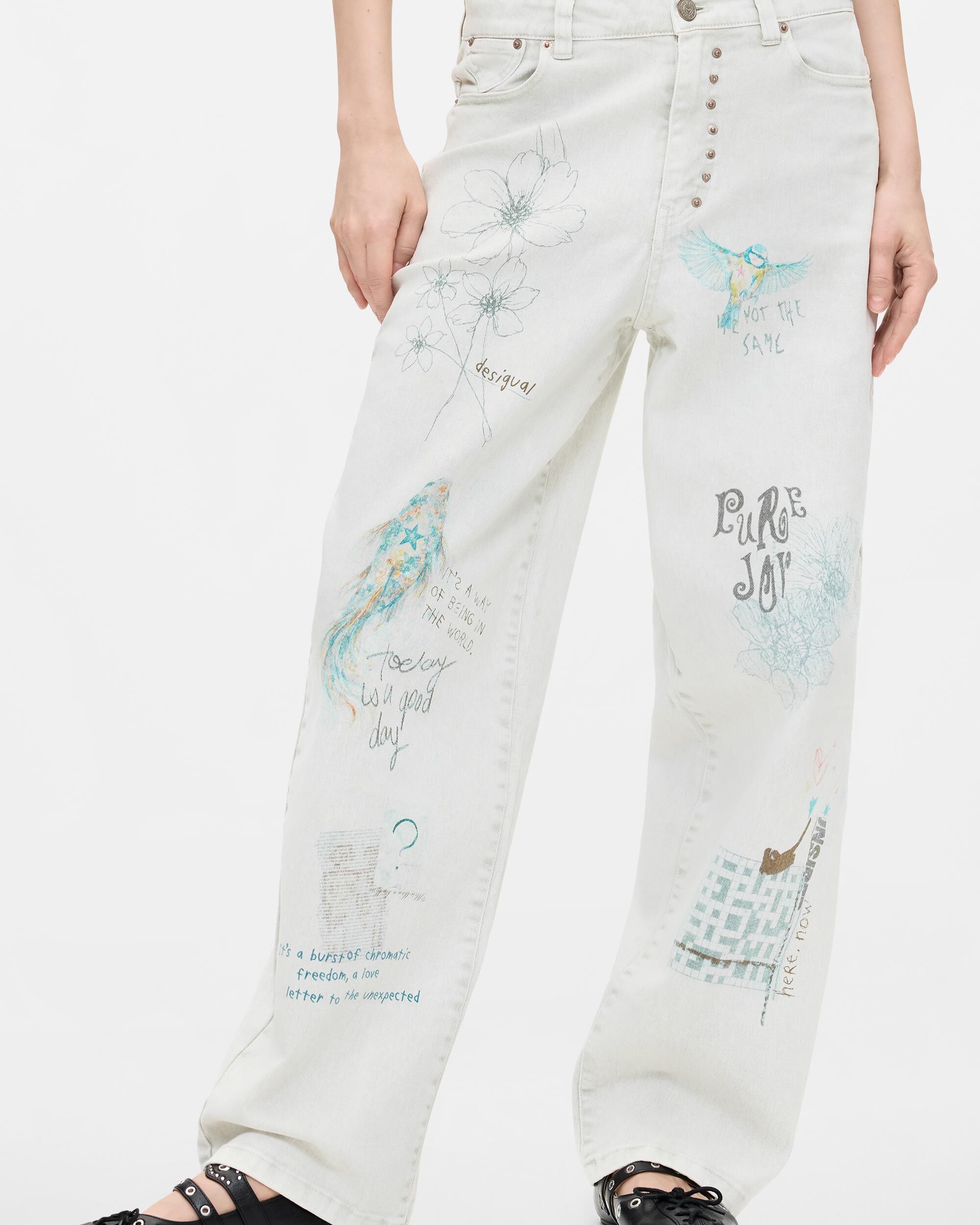 Pantalón de mujer vaquero estampado largo - Desigual - Blanco Blanco-2