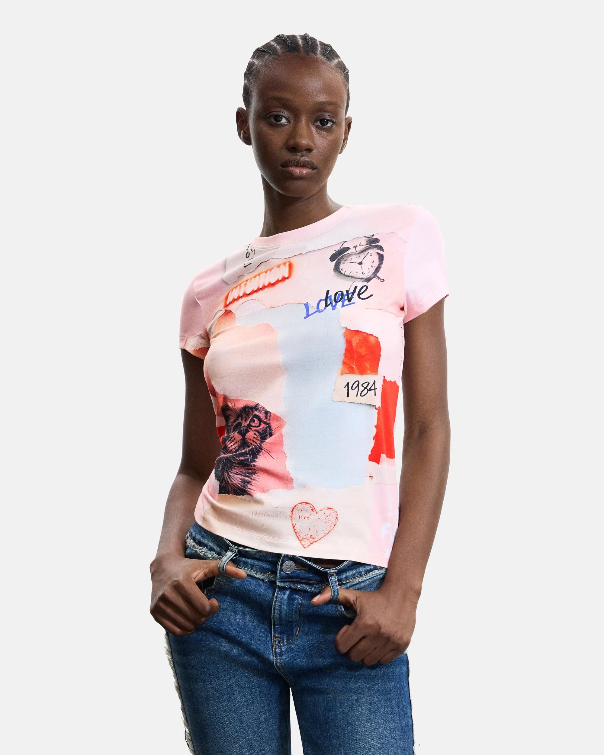 Camiseta de mujer estampada 100% algodón - Desigual - Rojo Rojo-1