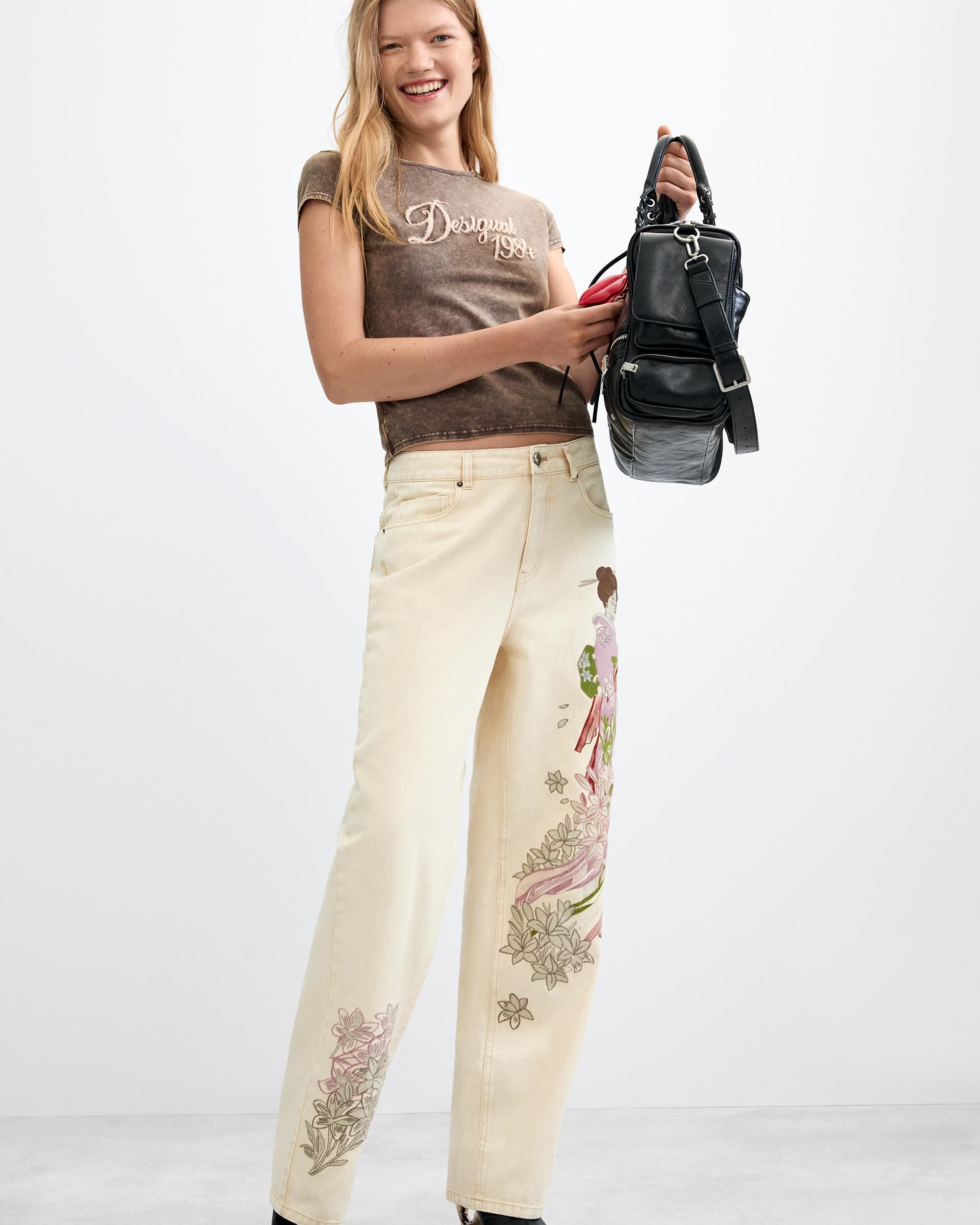 Pantalón de mujer vaquero bordado - Desigual - Blanco Blanco-1