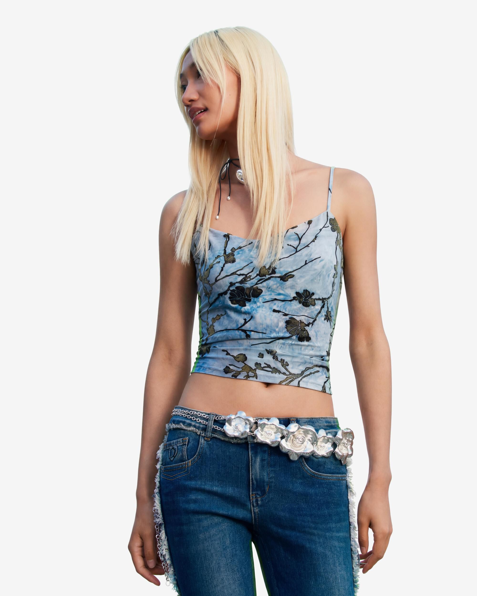 Top de mujer tirantes flocado - Desigual - Azul Azul-3