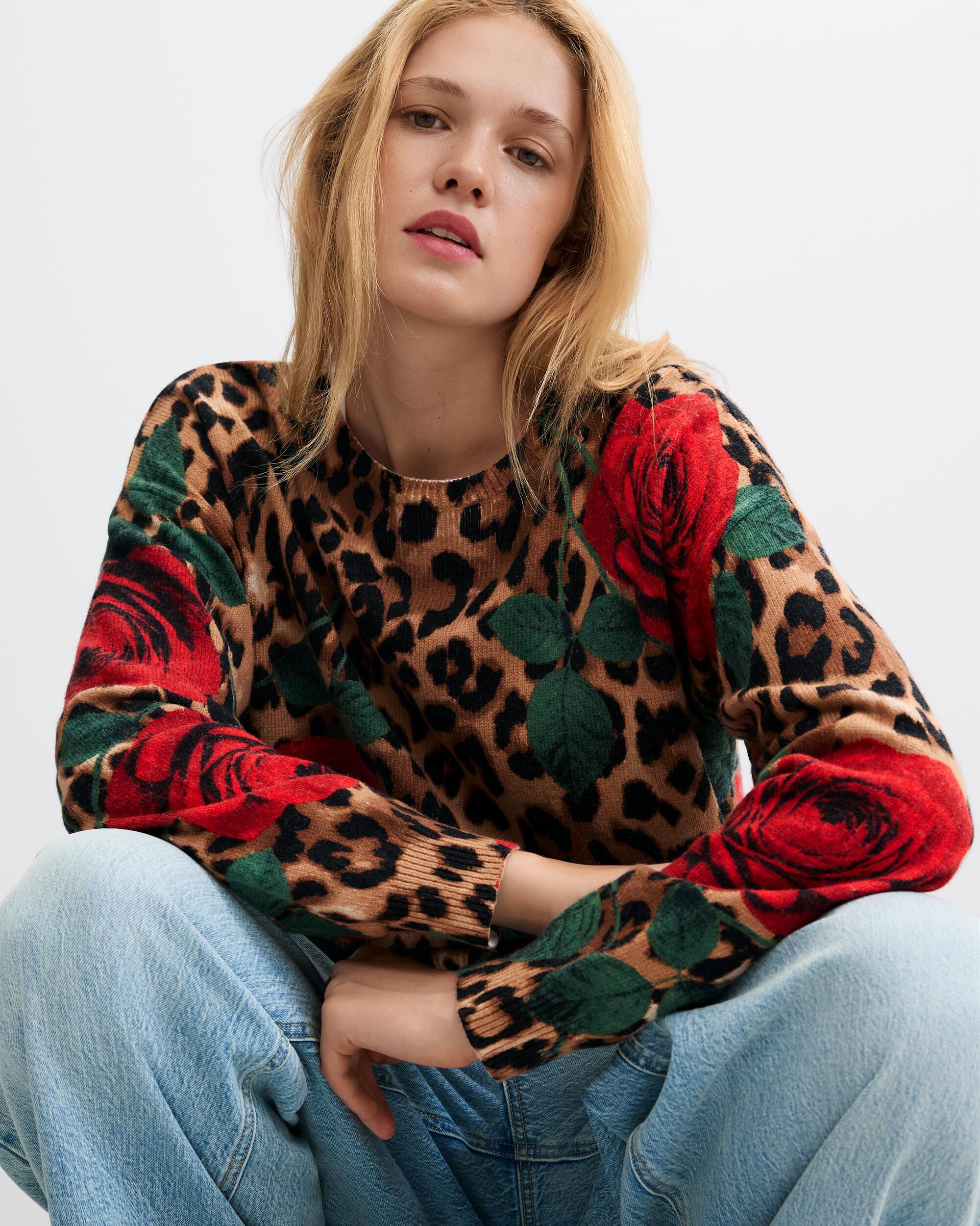 Jersey de mujer rosas punto grueso - Desigual - Marrón Marrón-4
