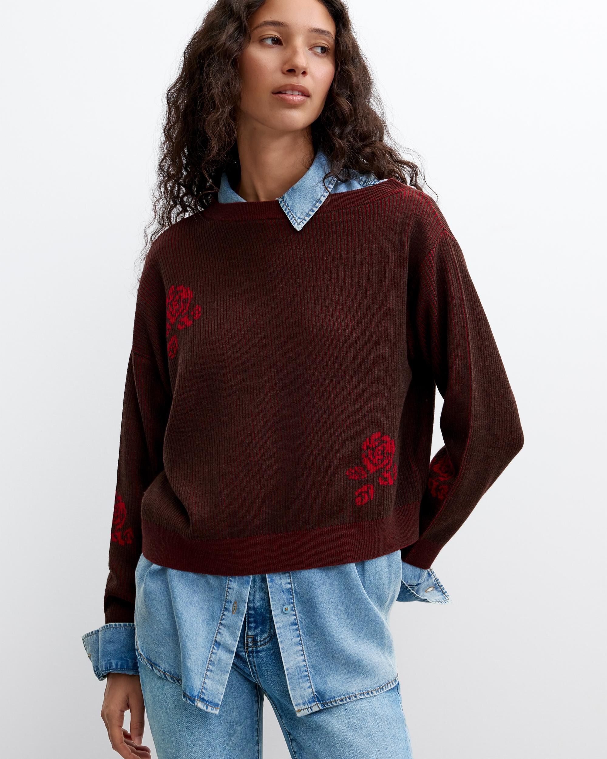 Jersey de mujer punto fino flores - Desigual - Rojo Rojo-1