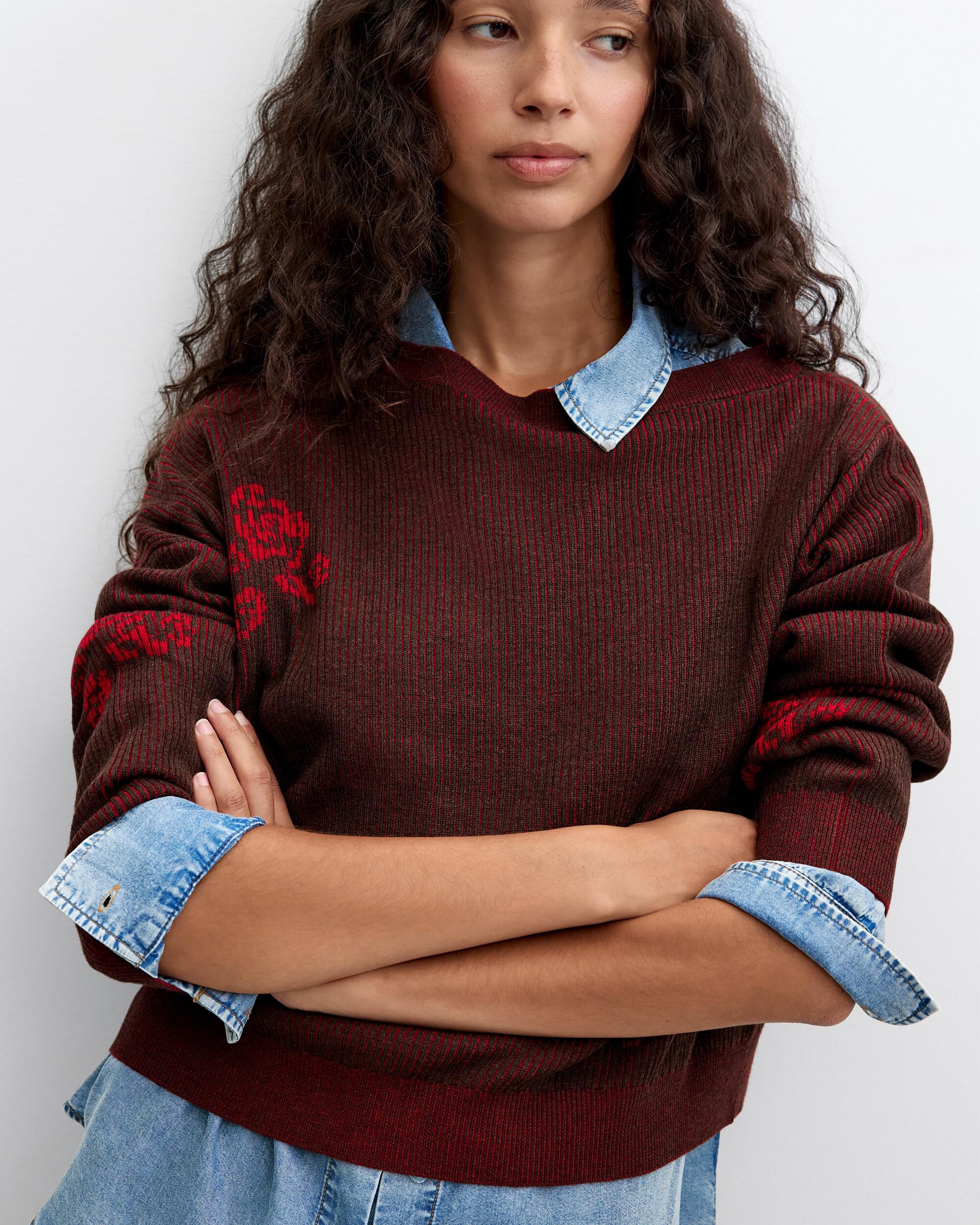 Jersey de mujer punto fino flores - Desigual - Rojo Rojo-4