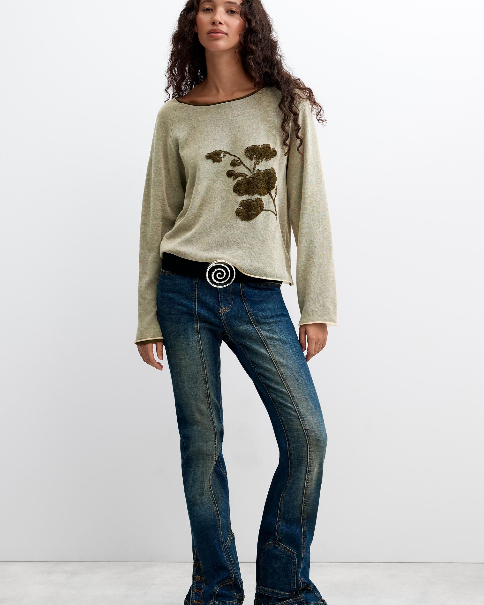 Jersey de mujer flores punto fino - Desigual - Verde Verde-2