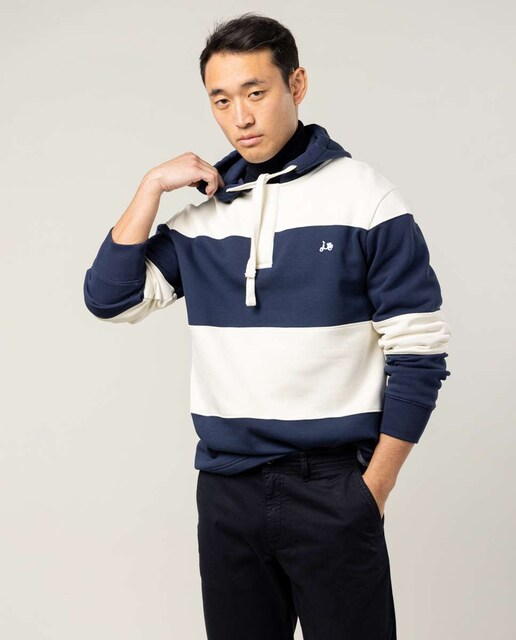 Imagen 0 de Sudadera de hombre color azul marino con capucha y cuello cierre botones