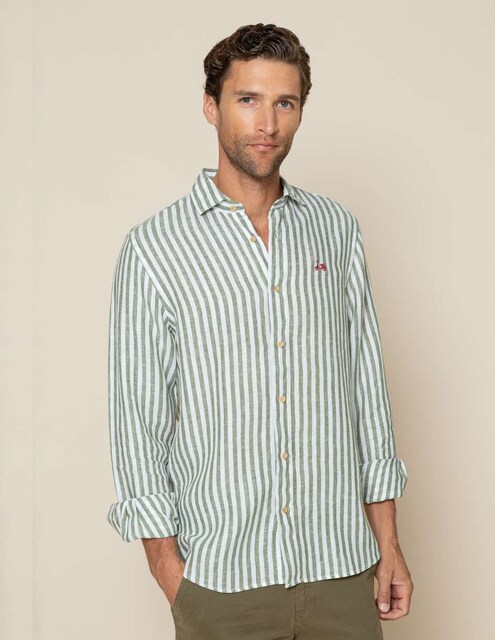 Imagen 0 de Camisa lino de hombre corte regular de rayas en color khaki