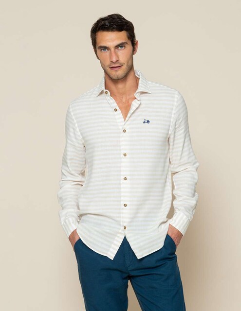 Imagen 0 de Camisa algodón de hombre corte regular de rayas en color beige