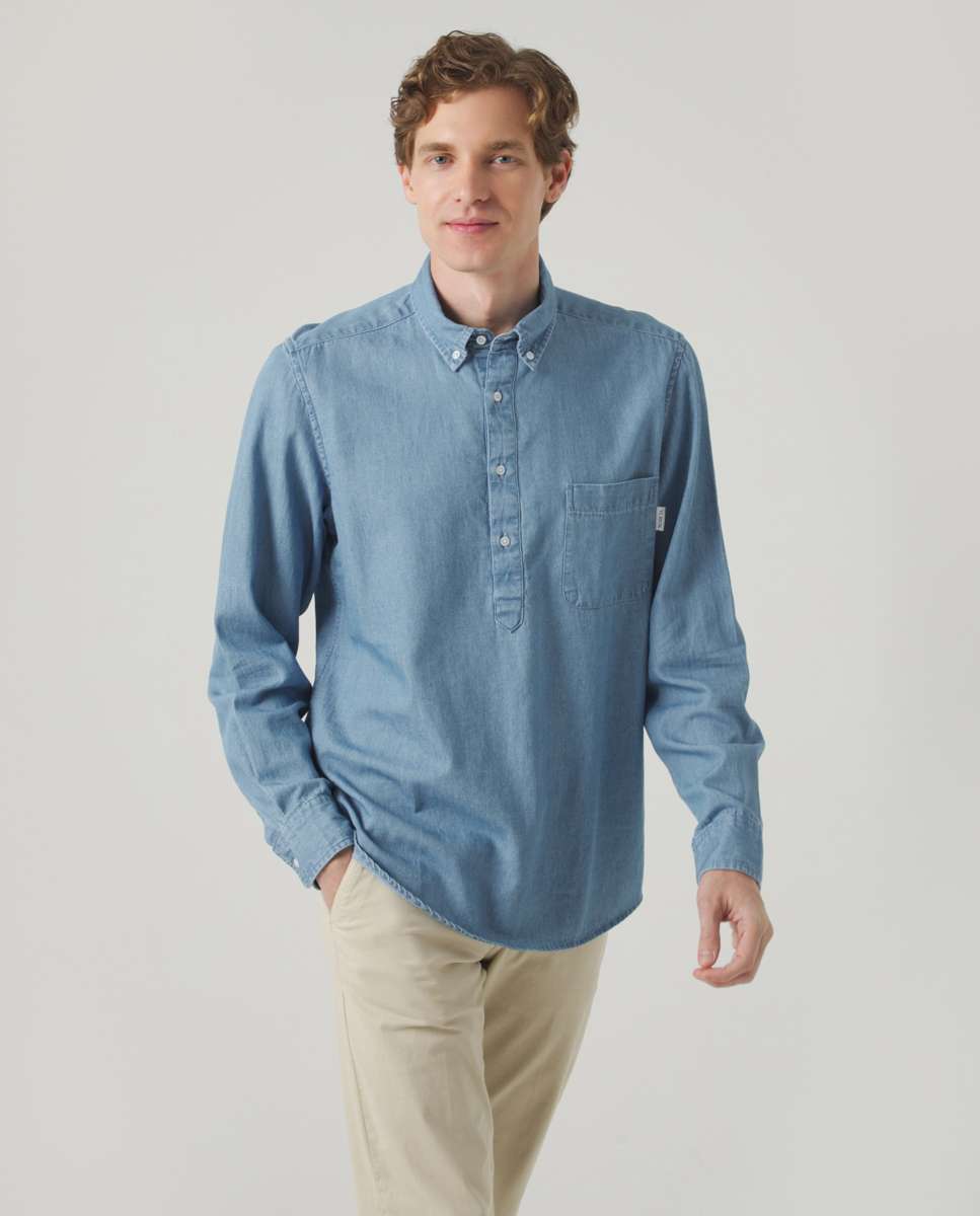 Scotta 1985 - Camisa de algodón de hombre corte regular lisa azul denim.