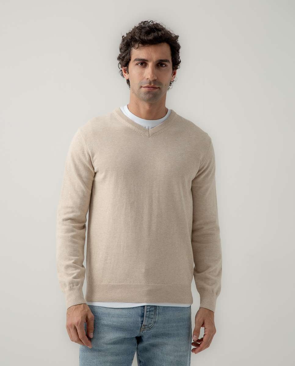 Imagen 0 de Jersey de hombre cuello pico algodón Beige