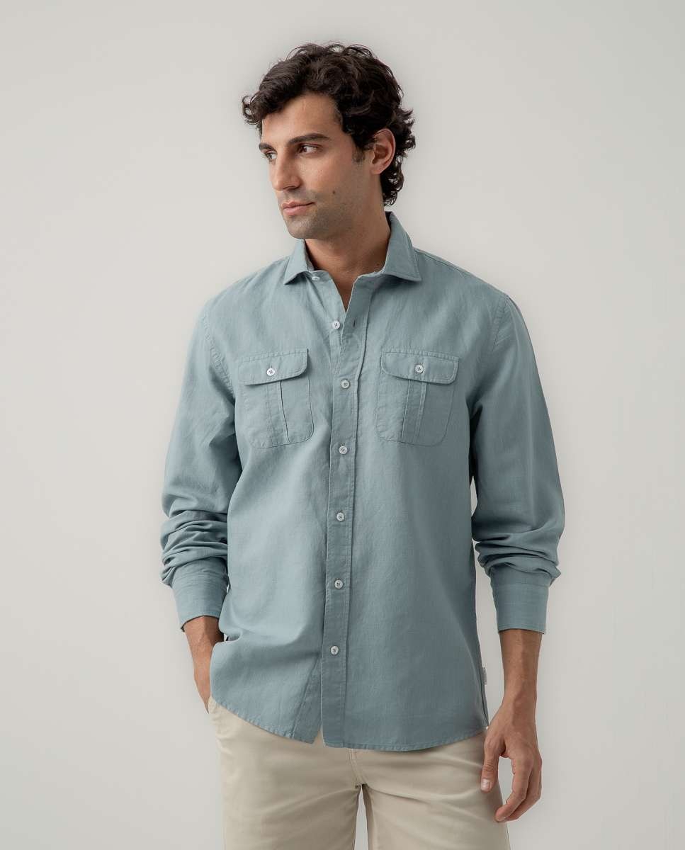 Scotta 1985 - Camisa de hombre regular fit lisa azul denim.