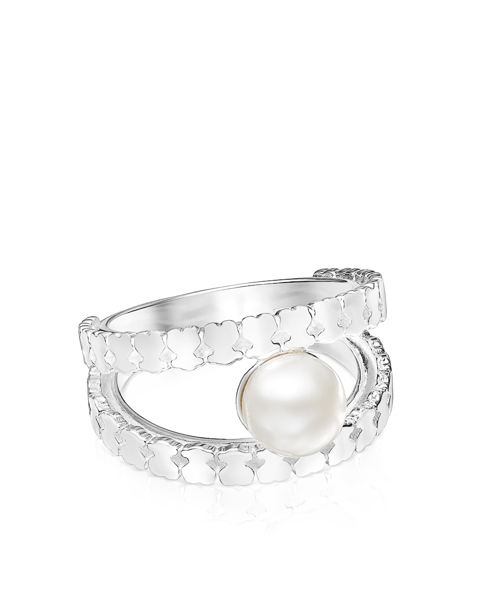 Anillo Straight de plata con dos tiras de osos y perla · Tous · El