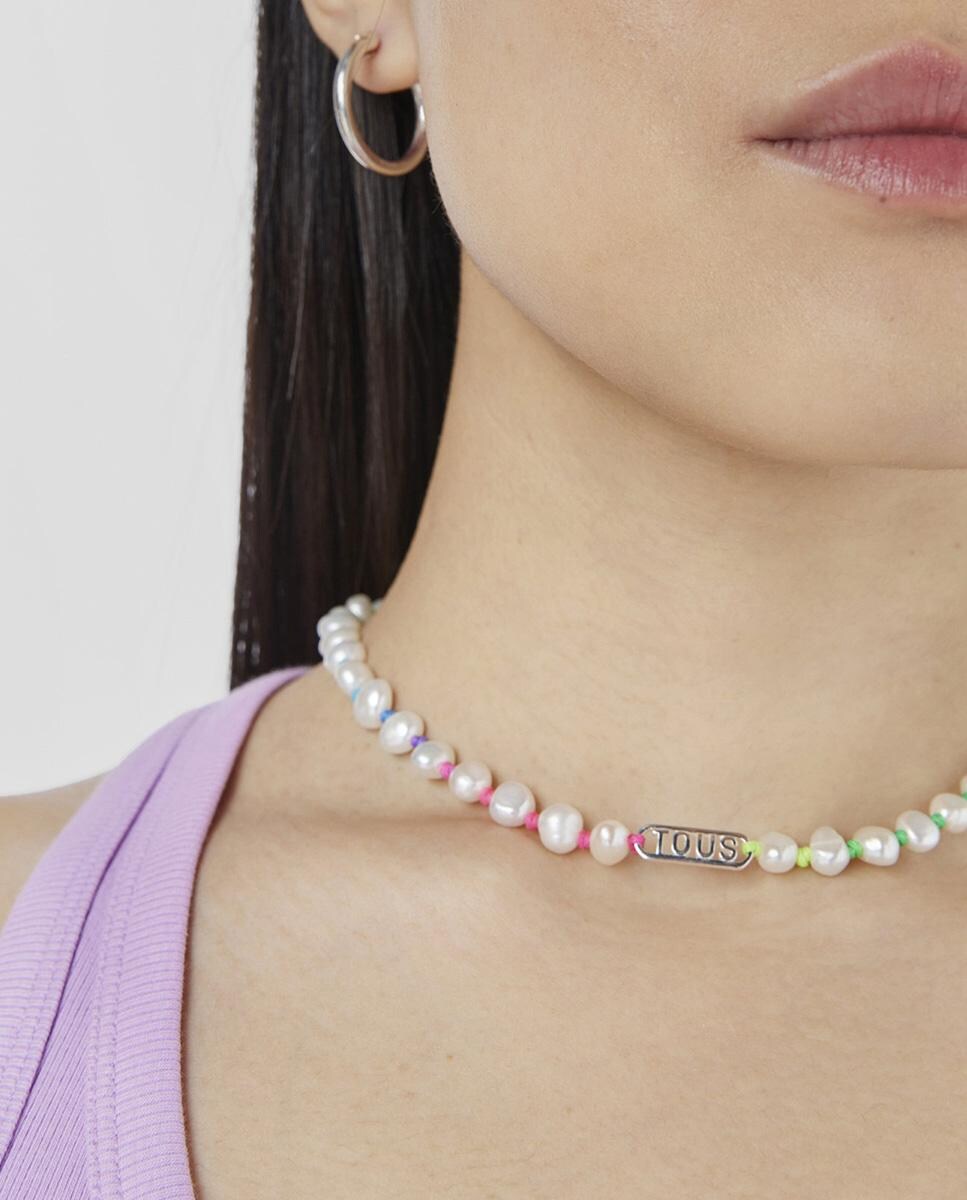 Collar Logo de nylon multicolor, plata y perlas · Tous · El Corte