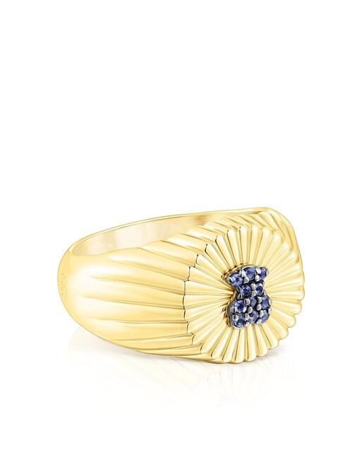 Imagen 0 de Anillo sello Iris Motif bañado en oro de 18 kt sobre plata con oso de iolitas