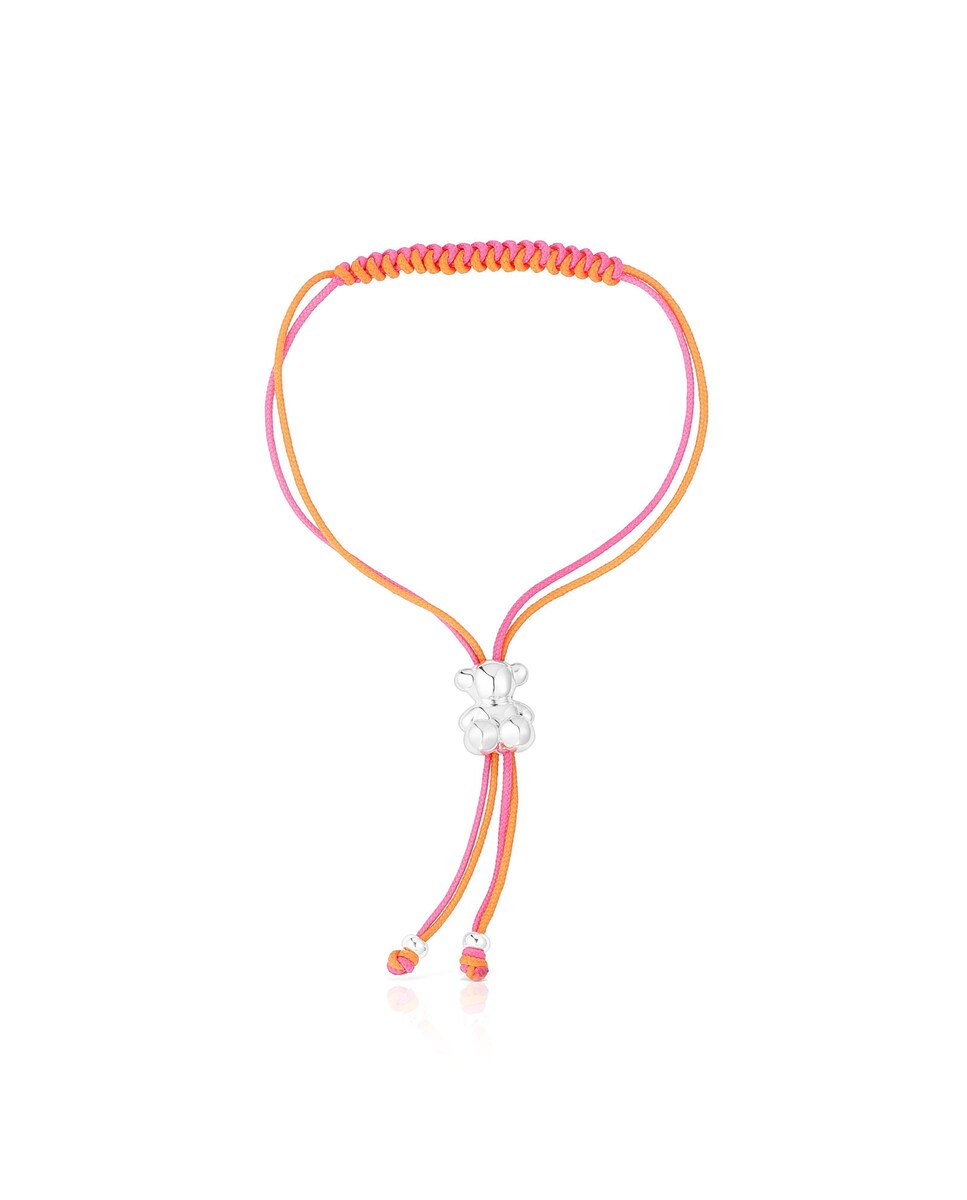 Pulsera Bold Bear de cordón fucsia y naranja con oso de plata