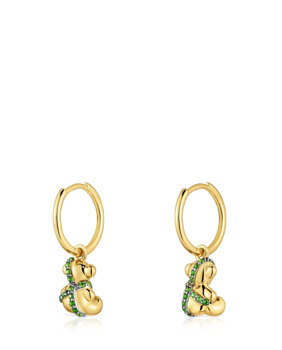 Pendientes Lligat de aro con oso bañado en oro 18 kt sobre plata y cromodiópsido Verde-3
