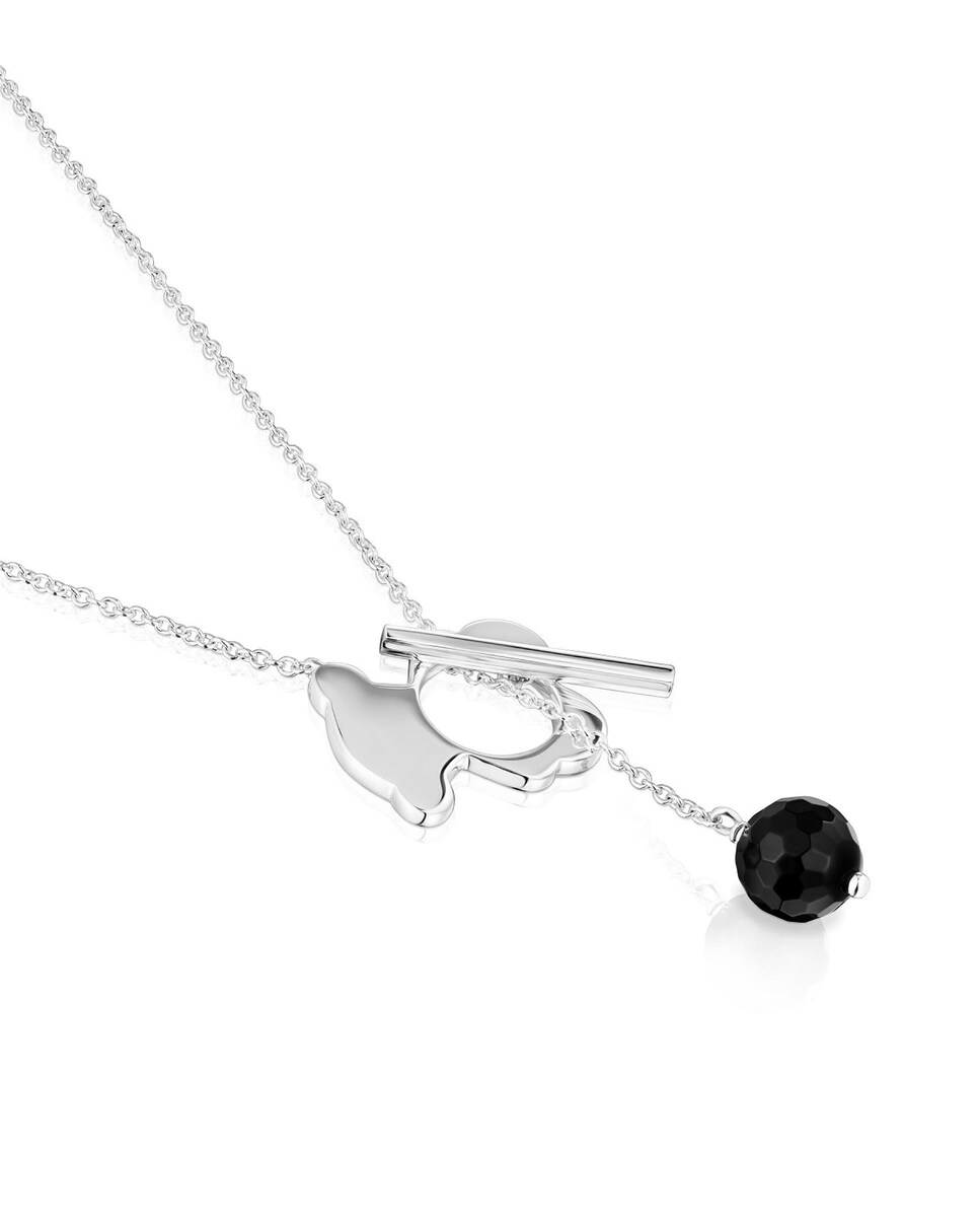 Collar I-Bear corto con oso de plata y ónix Negro-3