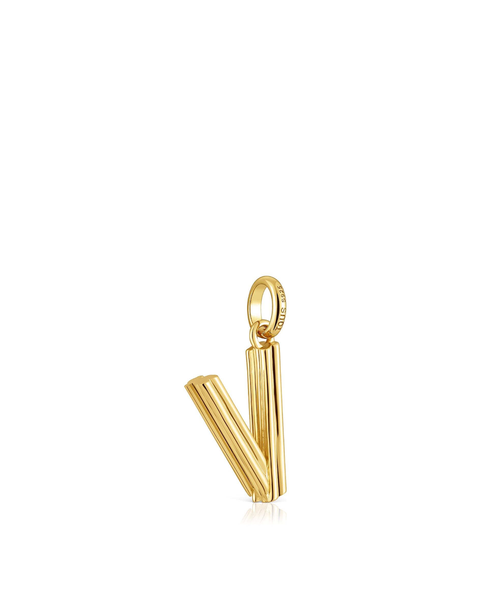 Pendente Alphabet Médio Letra V Banhado em Ouro 18 Kt Sobre Prata Dourado-3