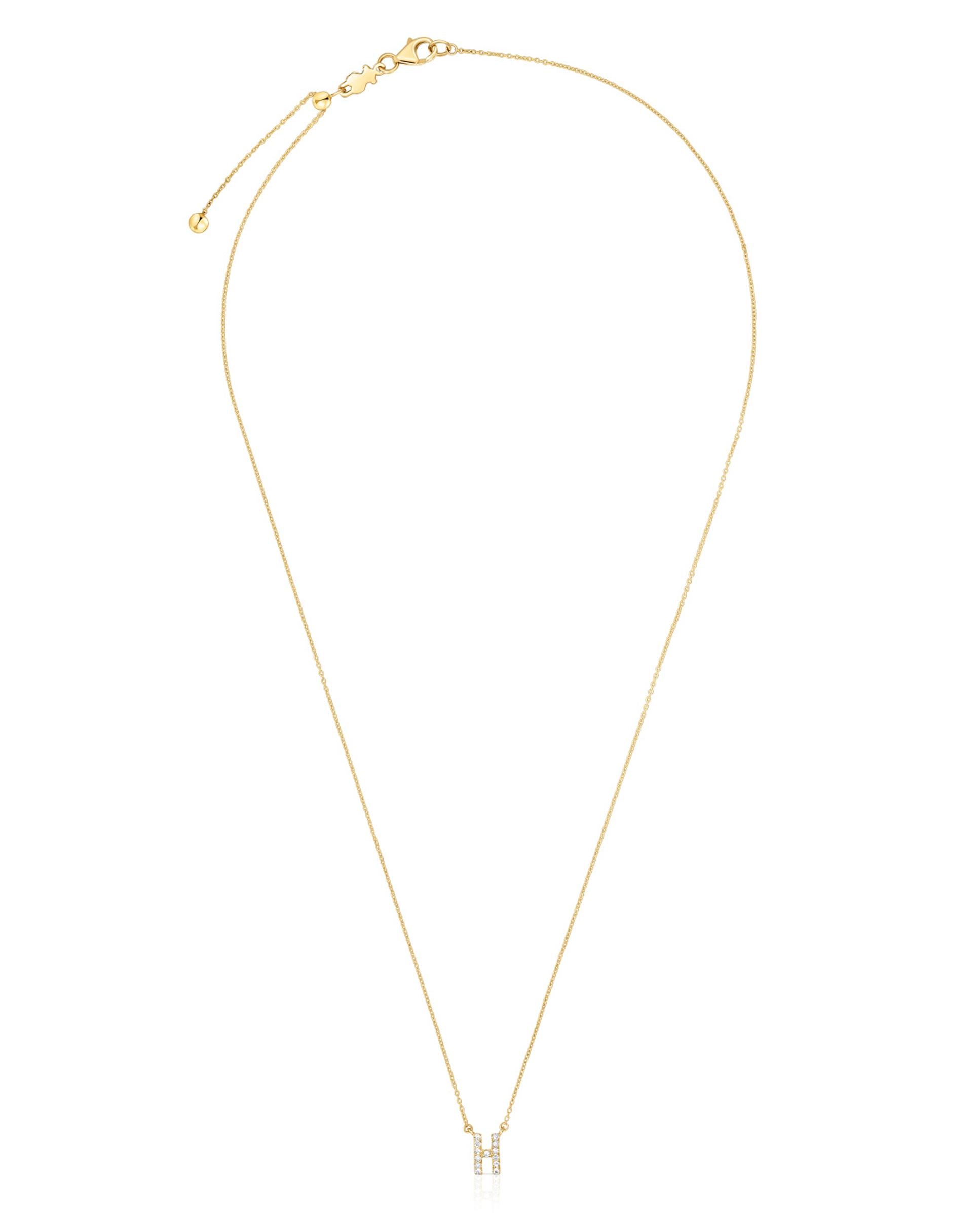 Colar Alphabet Curto de Ouro e Diamantes Letra H Branco-1