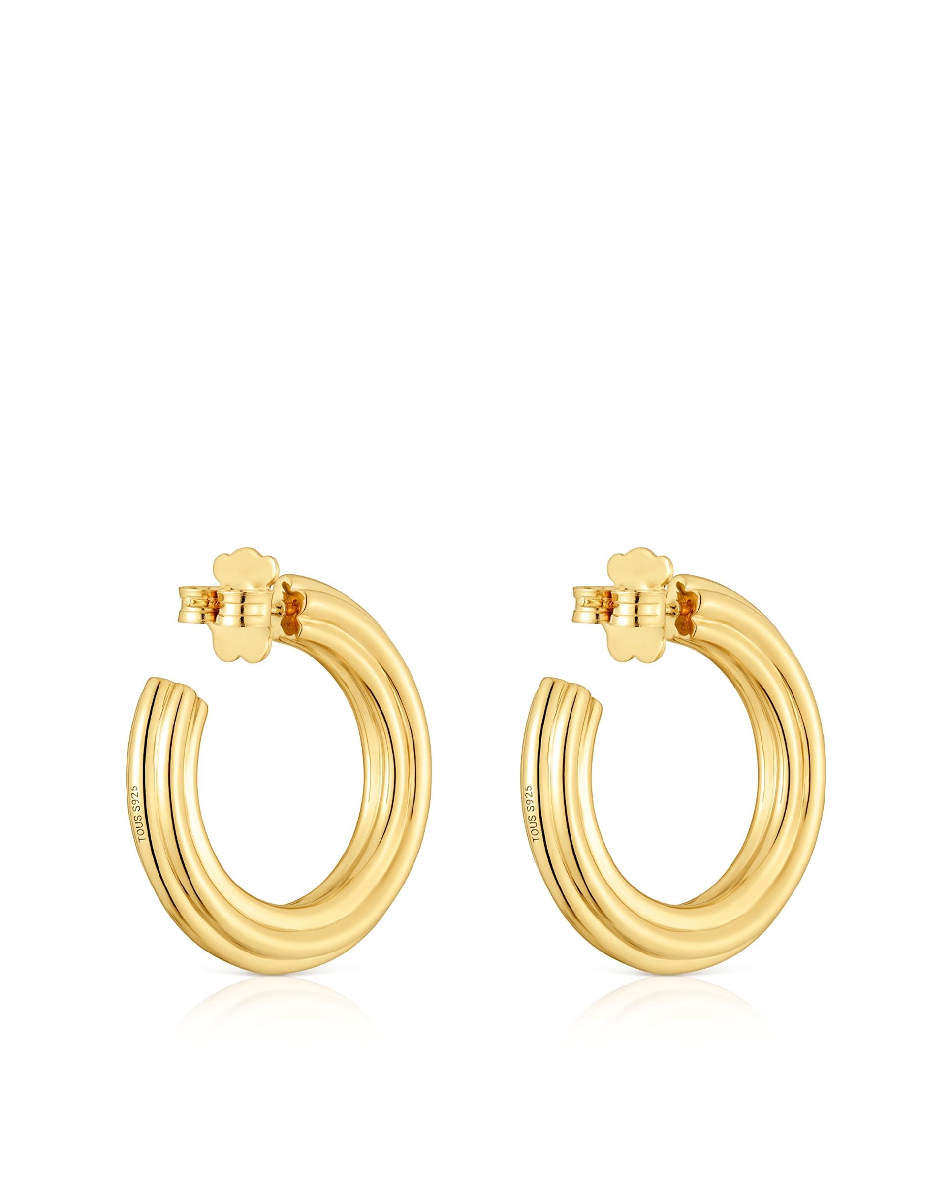 Brincos de Aro Tous 1950 Compridos Banhados em Ouro 18 Kt Sobre Prata com Flor Dourado-3