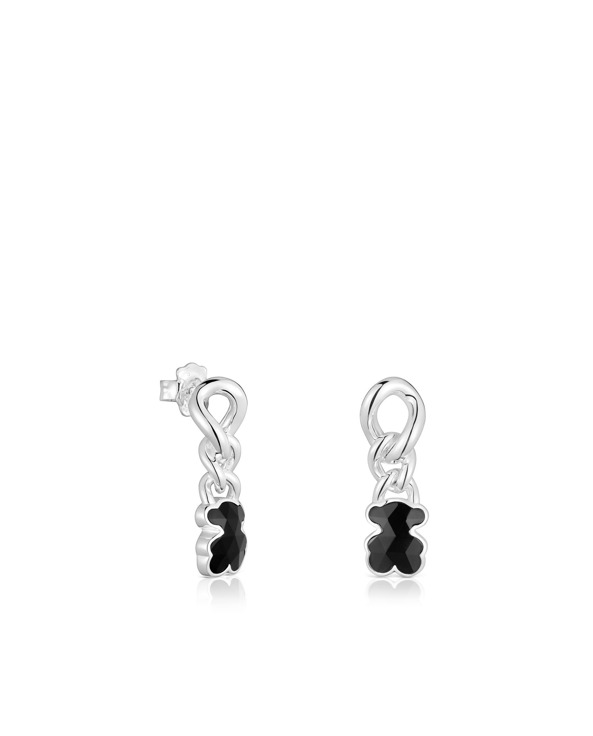 Brincos Icon Color Curtos Urso de Prata com Onix Preto-1
