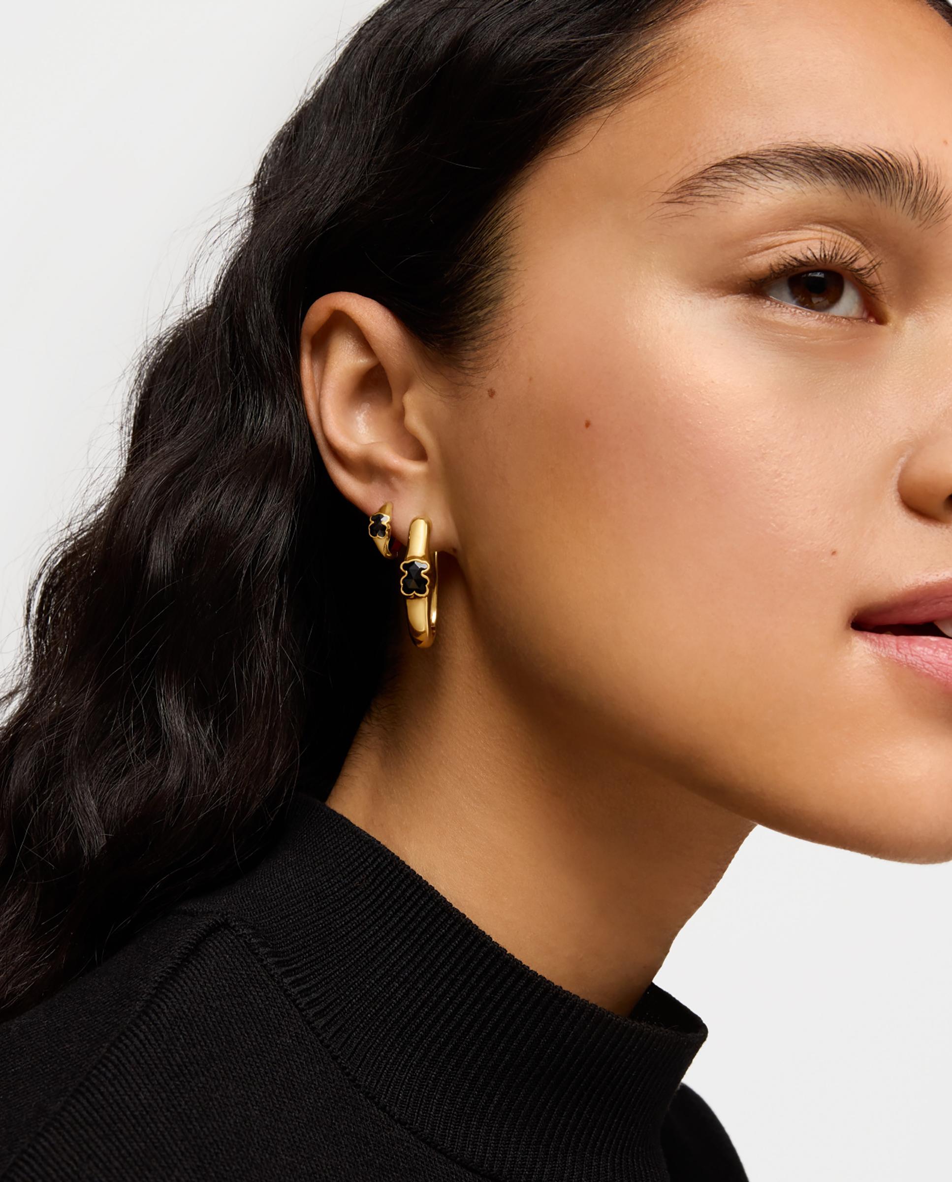 Pendientes de aro icon color bañado en oro 18 kt sobre plata con oso en ónix 26 mm Negro Tous Negro-5