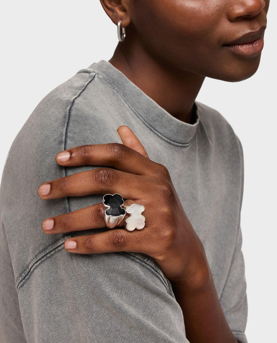 Anillo Icon Color sello de plata con oso en nácar 10 Plata