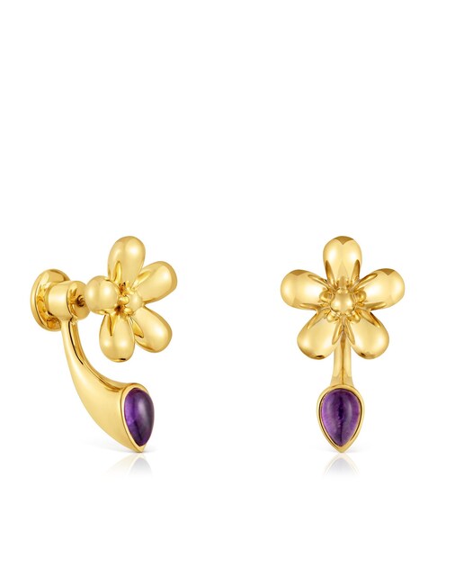 Imagen 0 de Pendientes Daisy flor bañados en oro de 18 kt sobre plata y amatista