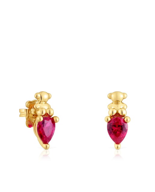 Imagen 0 de Pendientes Bold Bear LGG con oso bañado en oro 18 kt sobre plata y rubí creado en laboratorio