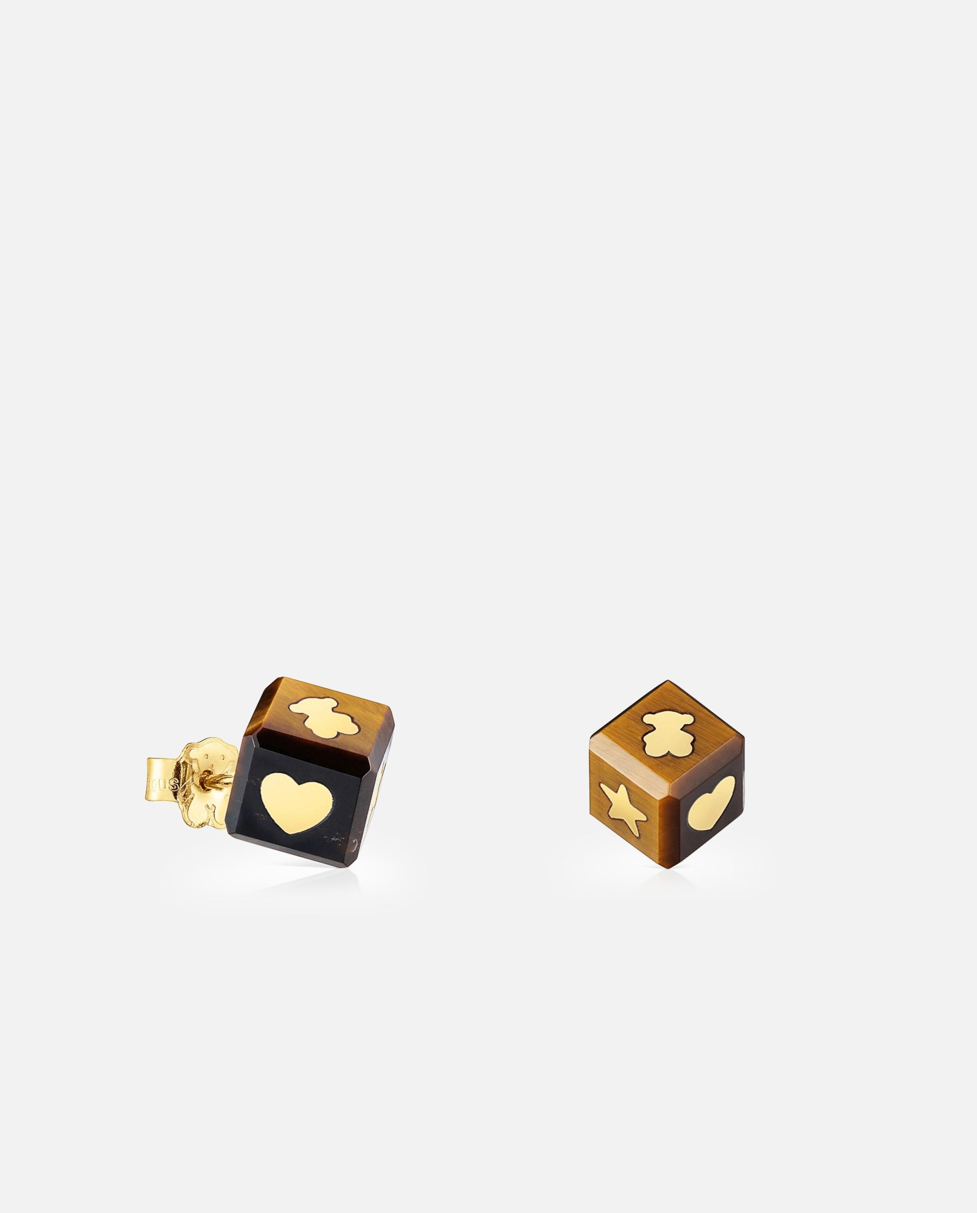 Pendientes cube de oro 14 kt y ojo de tigre - Tous - Marrón Marrón-1