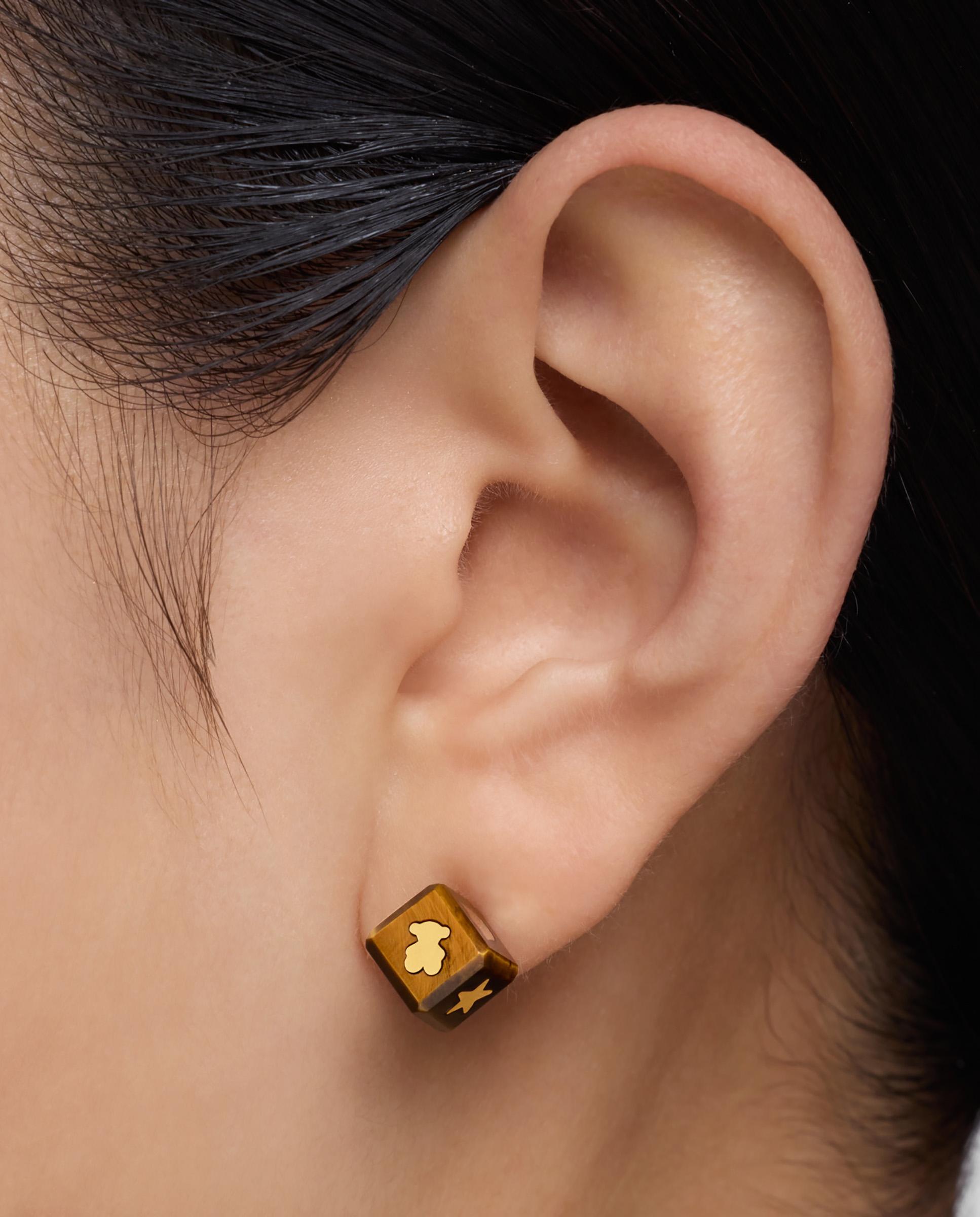 Pendientes cube de oro 14 kt y ojo de tigre - Tous - Marrón Marrón-6