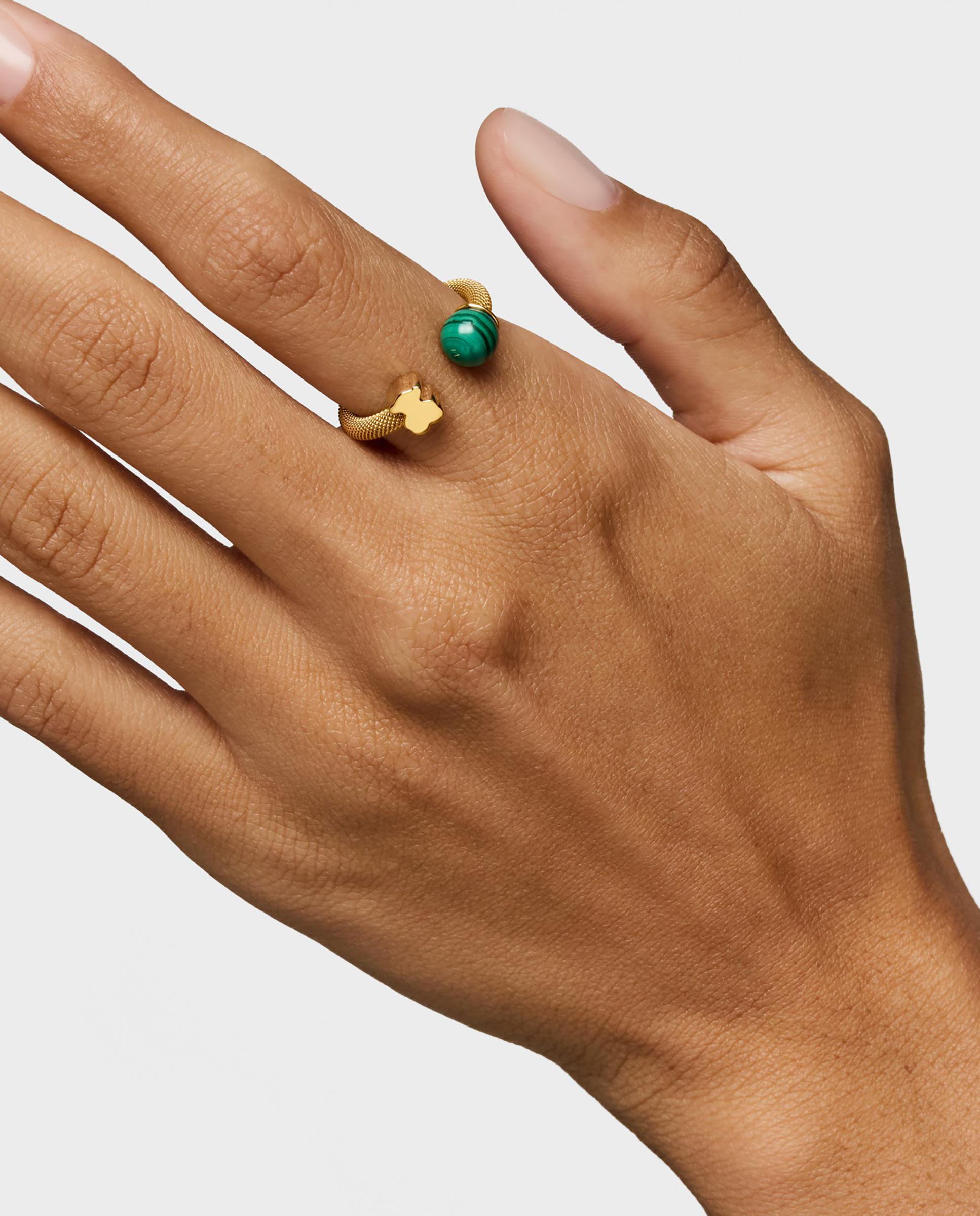Anillo con piedra abierta icon mesh de acero dorado y malaquita - Tous - Verde Verde-6