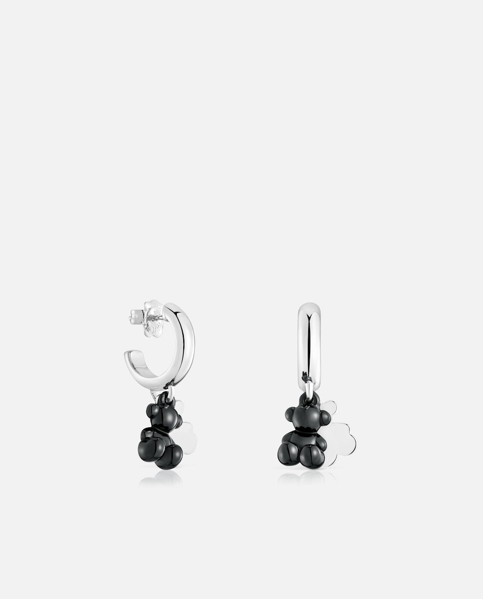 Pendientes aro de plata con cerámica negra y doble oso Bold Bear Negro-1
