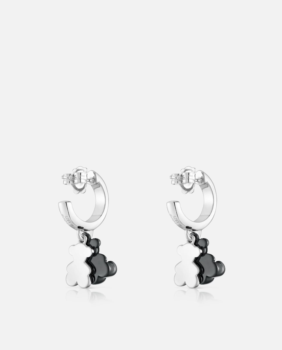 Pendientes aro de plata con cerámica negra y doble oso Bold Bear Negro-3