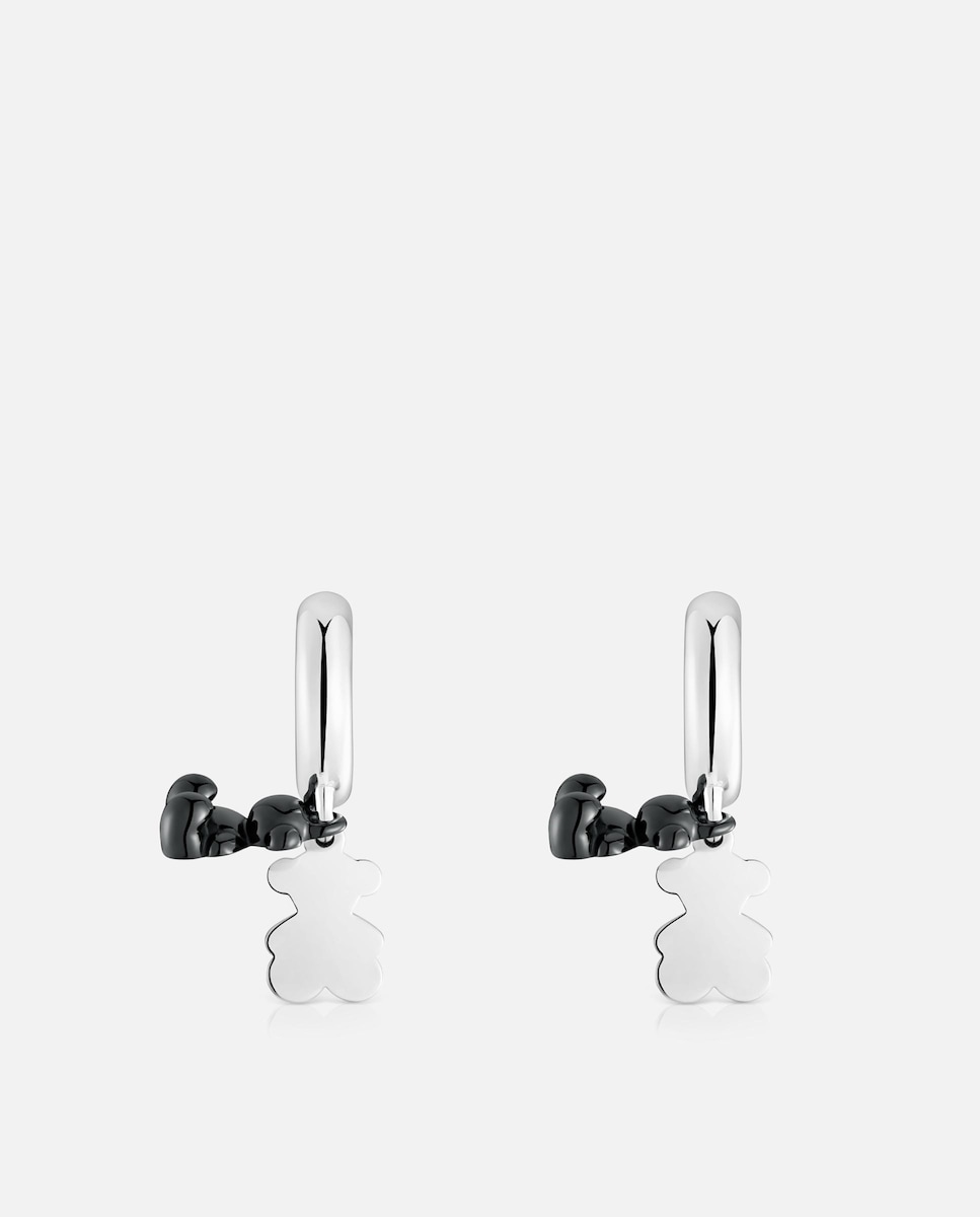 Pendientes aro de plata con cerámica negra y doble oso Bold Bear Negro-4