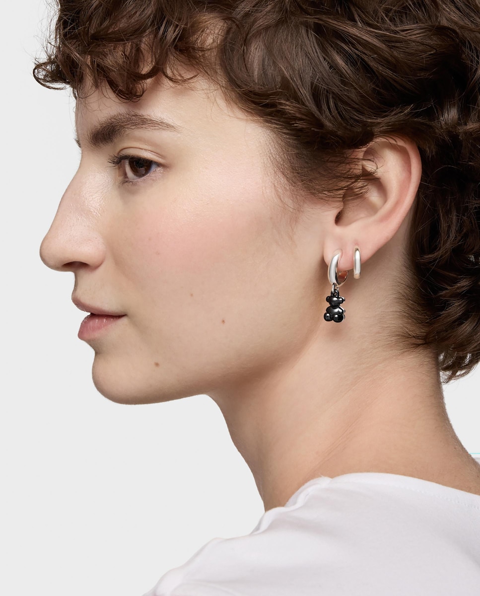 Pendientes aro de plata con cerámica negra y doble oso Bold Bear Negro-5