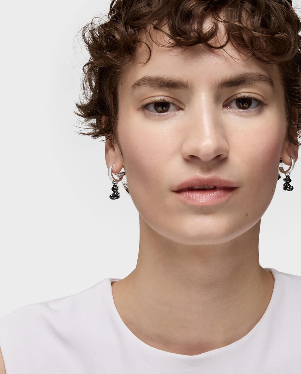 Pendientes aro de plata con cerámica negra y doble oso Bold Bear Negro-6