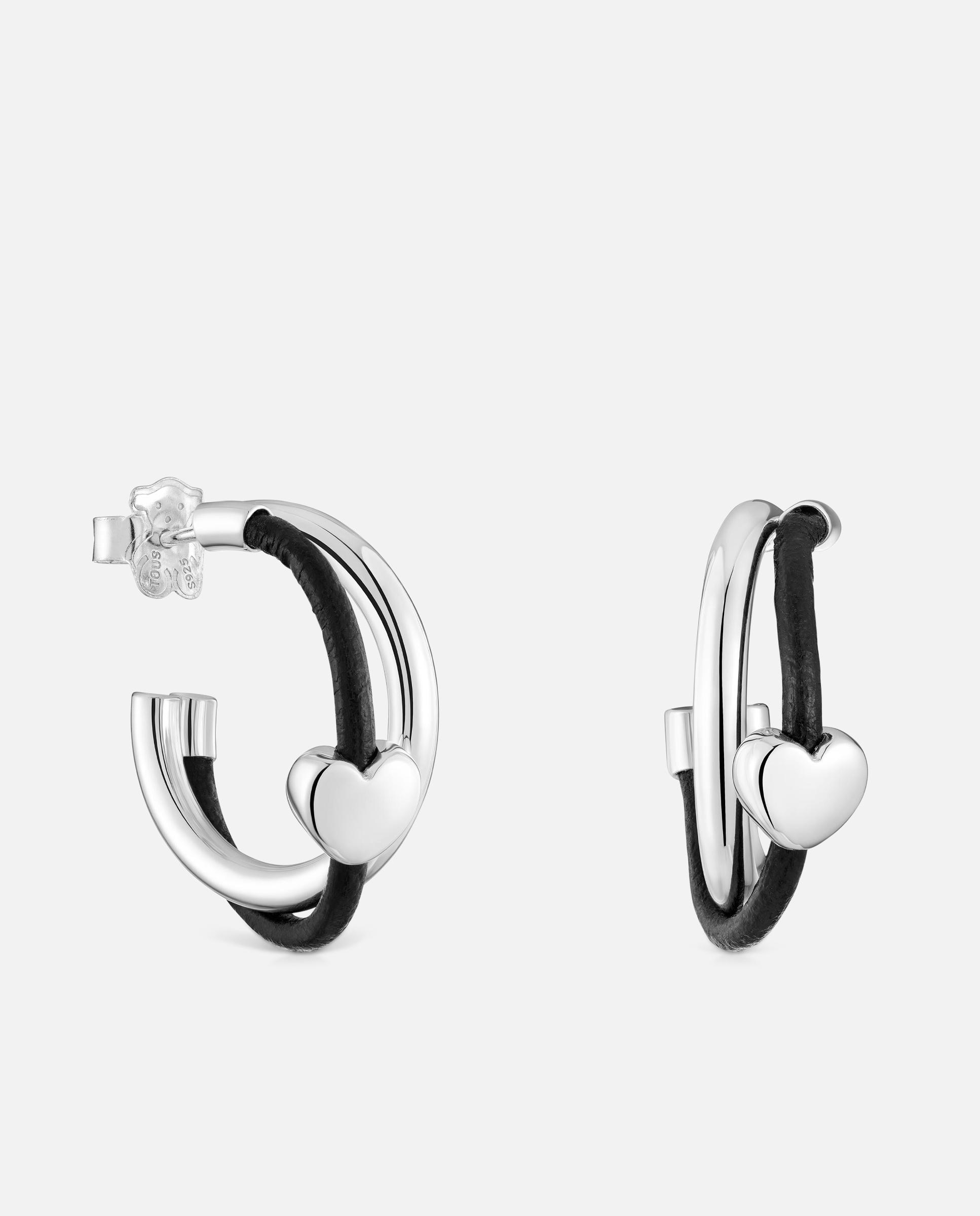 Imagen 0 de Pendientes de aro bold motif con corazón de plata de primera ley y caucho negro Negro