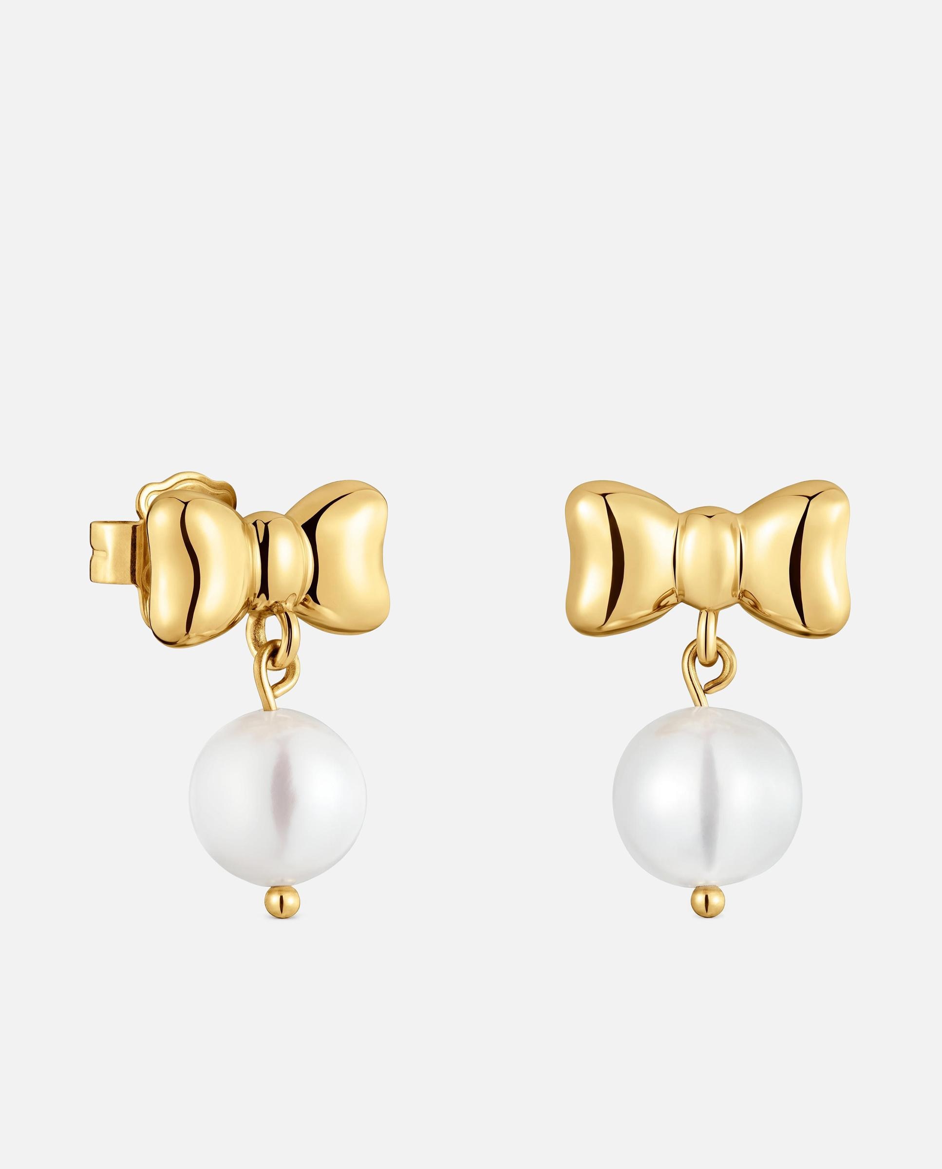 Pendientes lazo de acero dorado y perla cultivada tous charming - Blanco Blanco-1