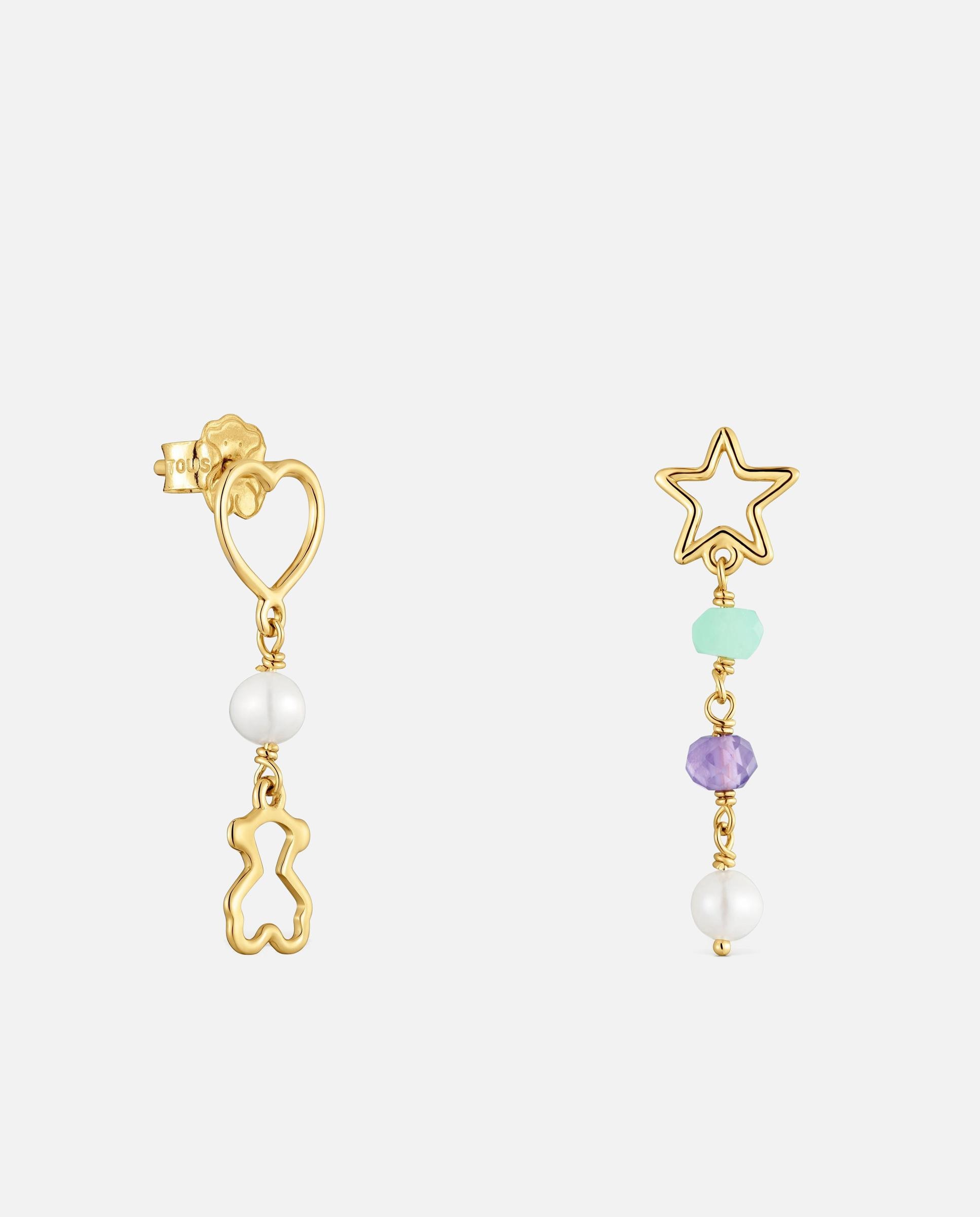 Pendientes largos de oro 9 kt y gemas 30 mm silueta