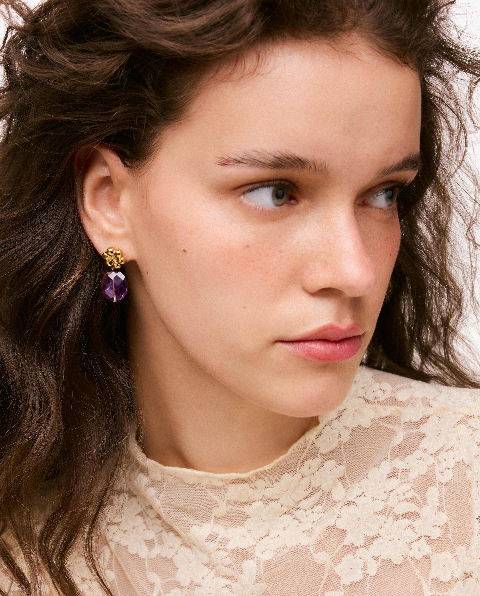Pendientes con baño de oro 18 kt sobre plata y amatista bold motif - Tous - Morado Morado-5