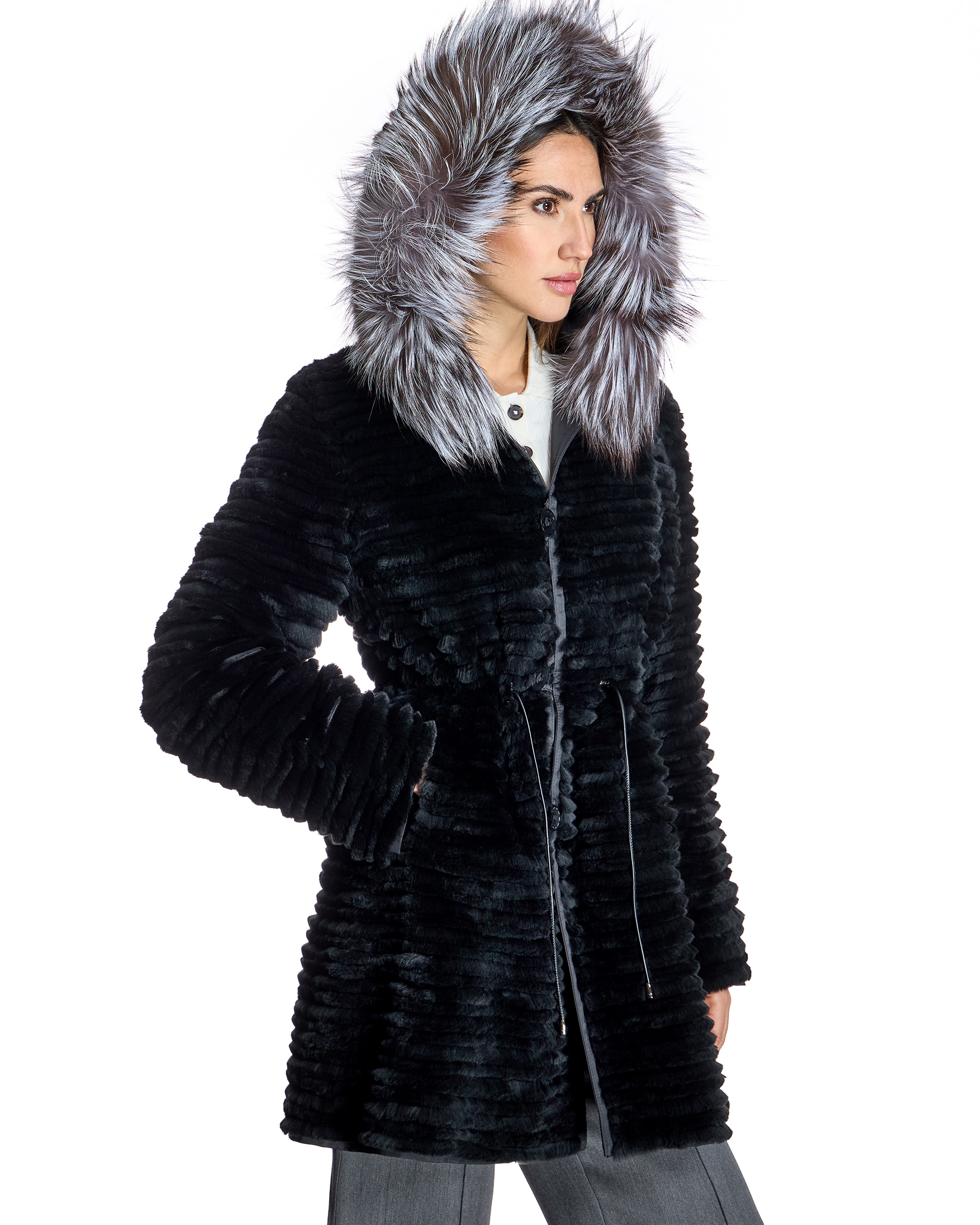 Chaquetón de mujer reversible de pelo de rex tireado con capucha ribeteada de zorro - Maximilian - Negro / Gris Negro / Gris-2