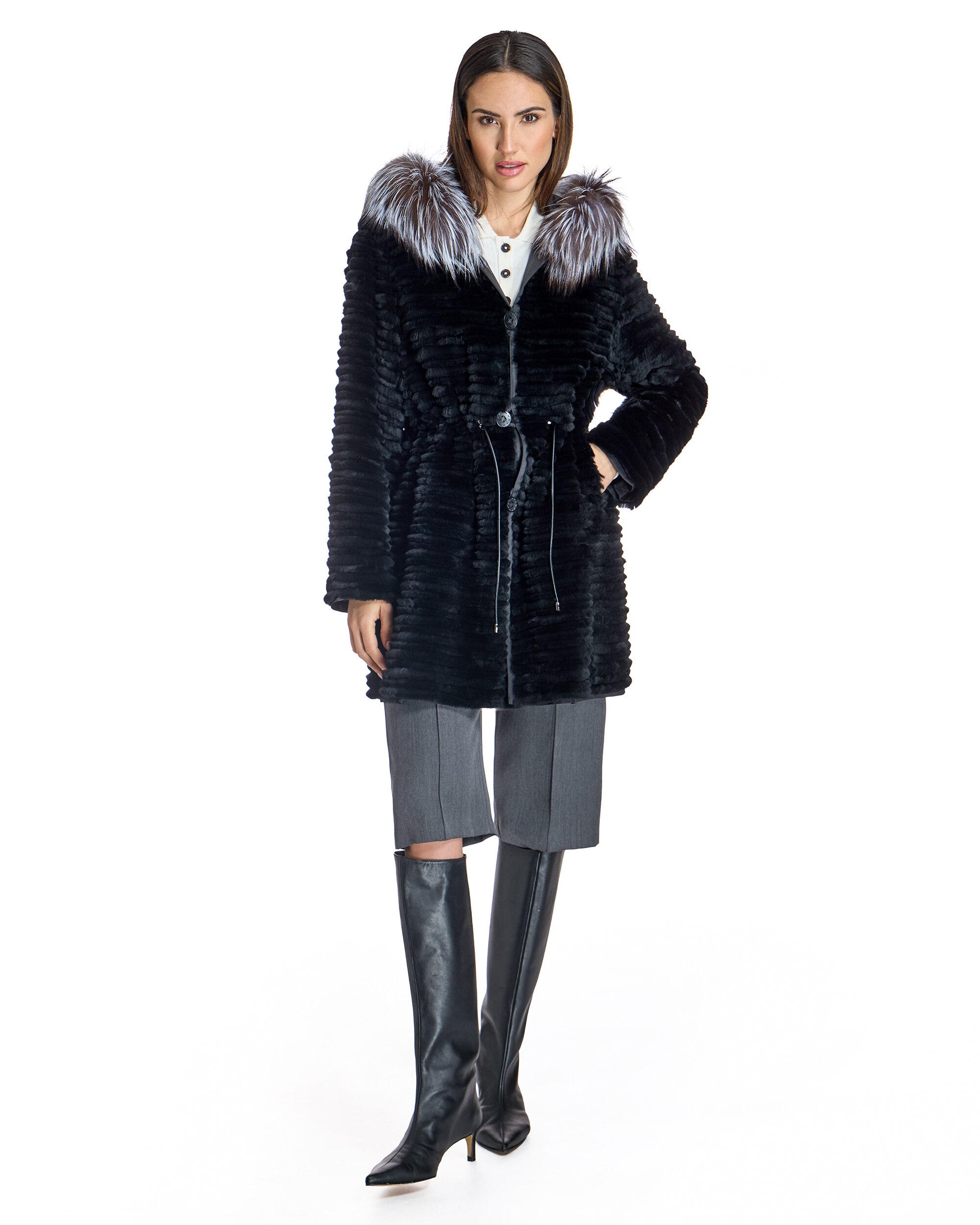 Chaquetón de mujer reversible de pelo de rex tireado con capucha ribeteada de zorro - Maximilian - Negro / Gris Negro / Gris-4