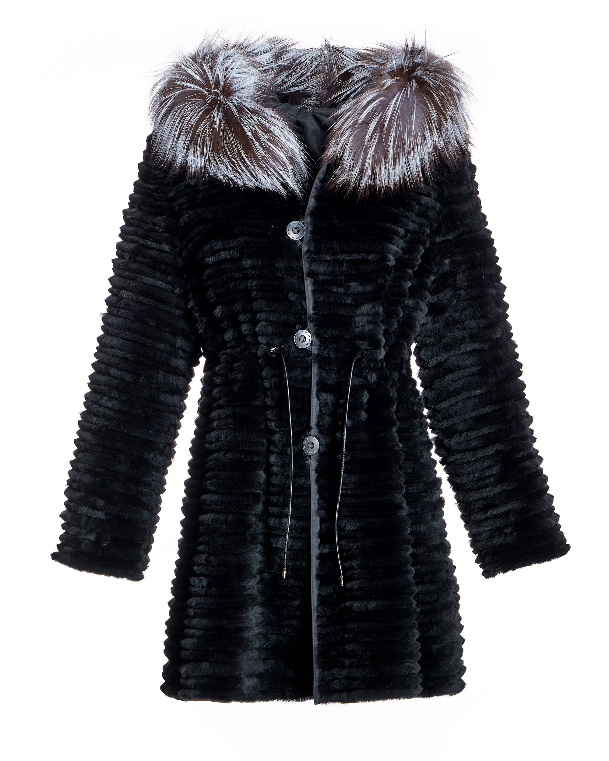 Chaquetón de mujer reversible de pelo de rex tireado con capucha ribeteada de zorro - Maximilian - Negro / Gris Negro / Gris-7
