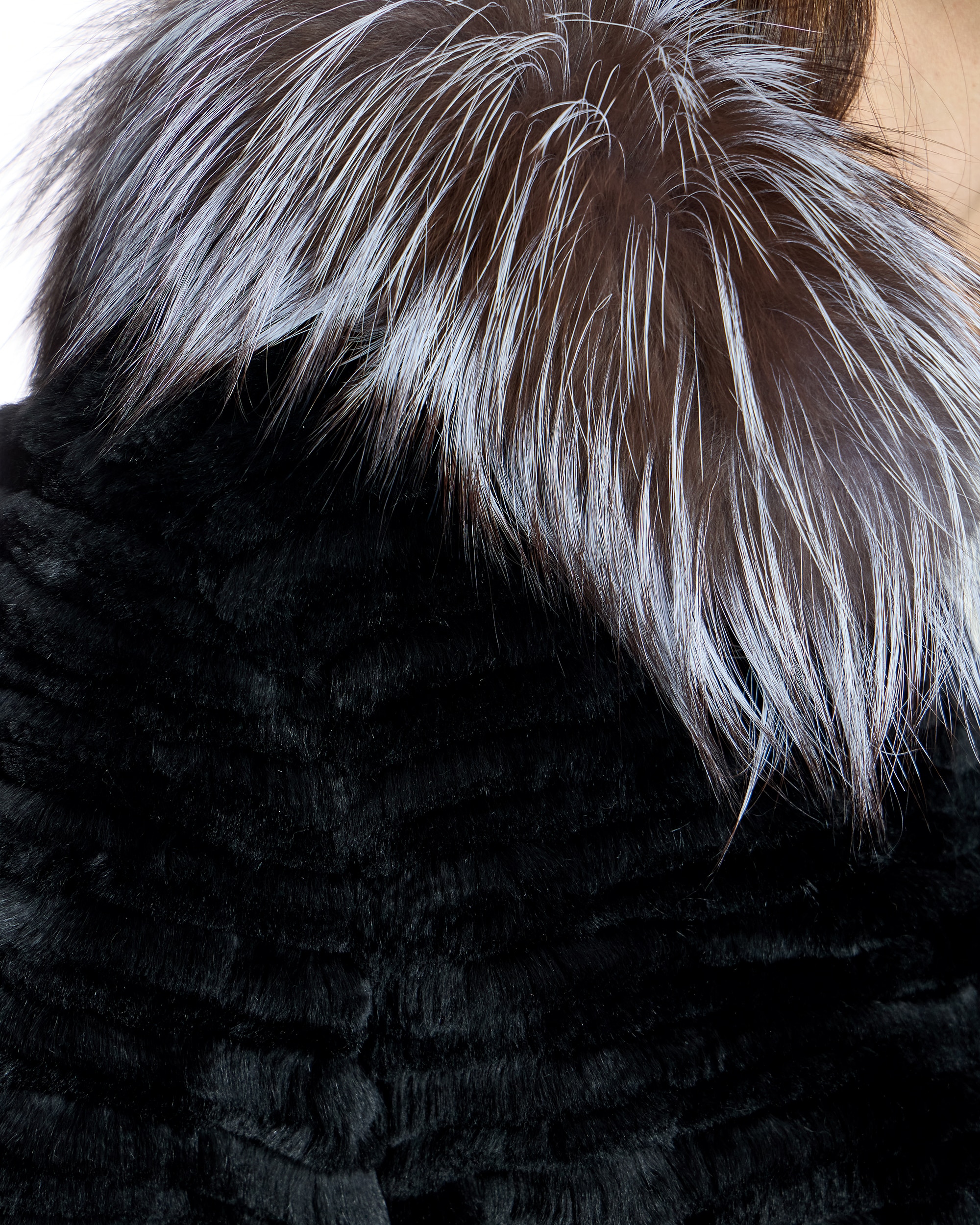 Chaquetón de mujer reversible de pelo de rex tireado con capucha ribeteada de zorro - Maximilian - Negro / Gris Negro / Gris-5