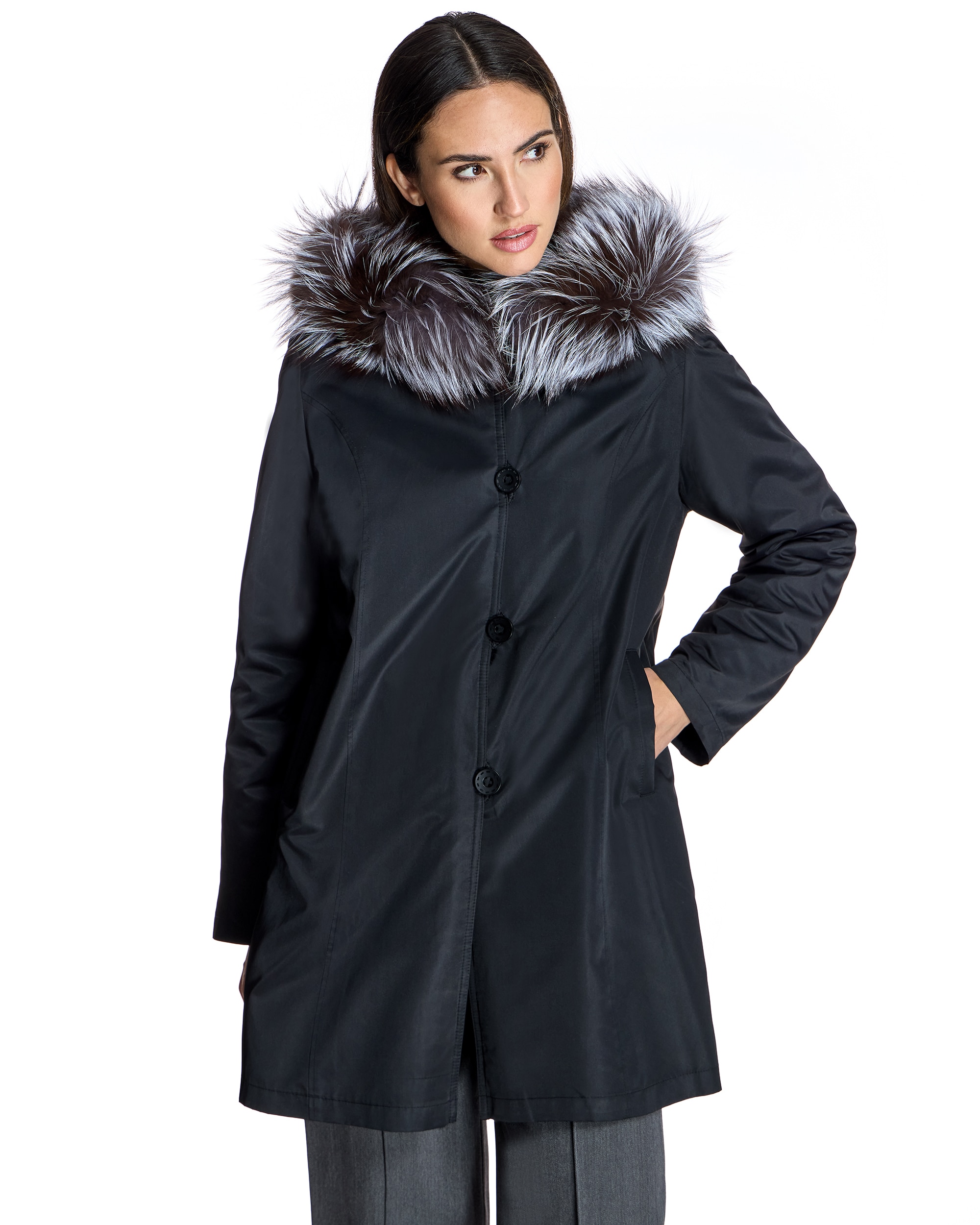 Chaquetón de mujer reversible de pelo de rex tireado con capucha ribeteada de zorro - Maximilian - Negro / Gris Negro / Gris-6